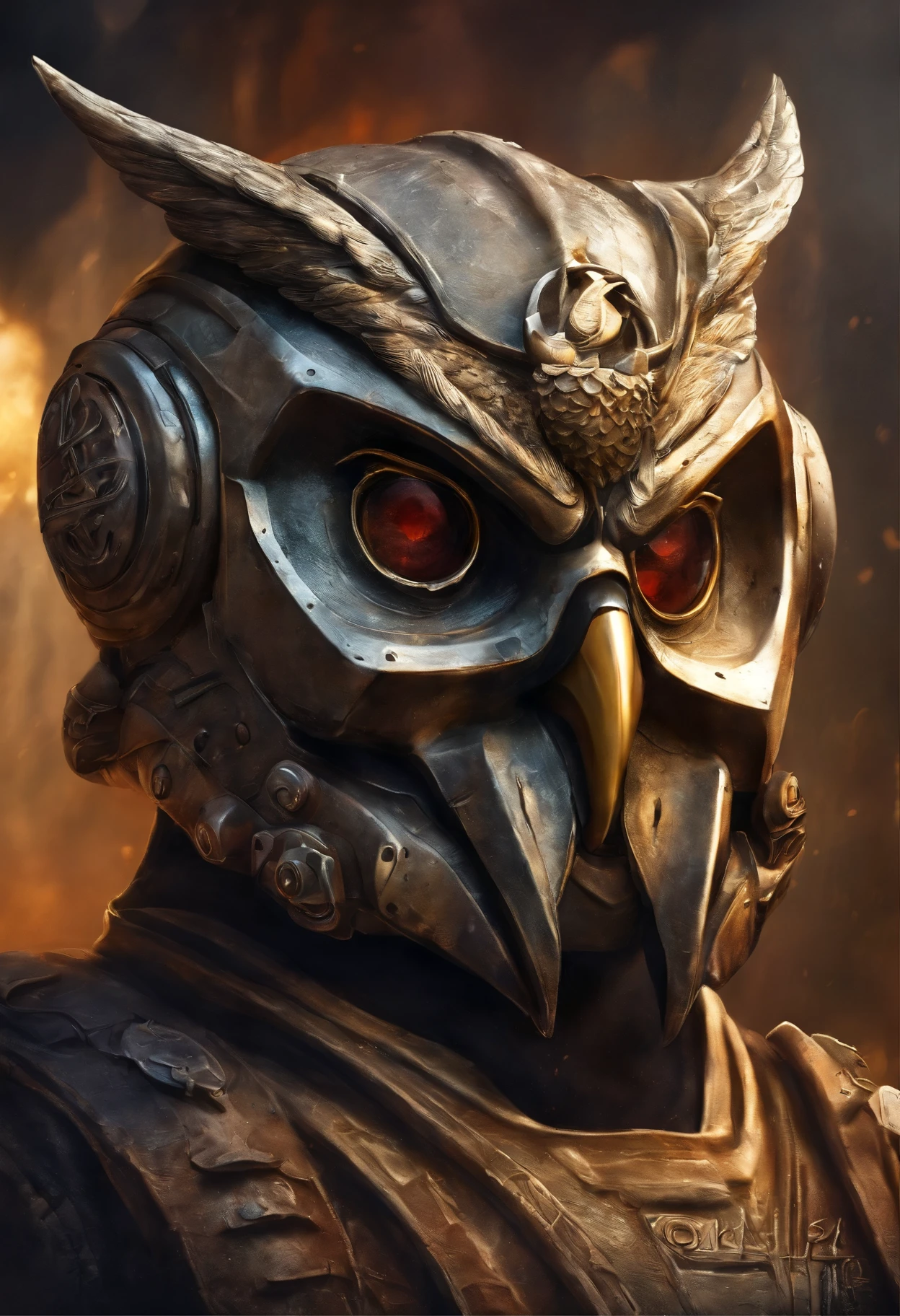 maximum quality, dramatic lighting, menacing pose, fierce expression, epic atmosphere, (((owl-headed helmet))), (((tiro de corpo inteiro))),uma coruja feita de metal, ciborgue, estilo cyberpunk, mechnical, ((detalhes intrincados)), HDR, ((detalhes intrincados, hiperdetalhado)), incandescent bulbs, Cinematic Shot, vinheta, Fundo do efeito bokeh, (tiro de corpo inteiro), Holding the European Champions League Cup.