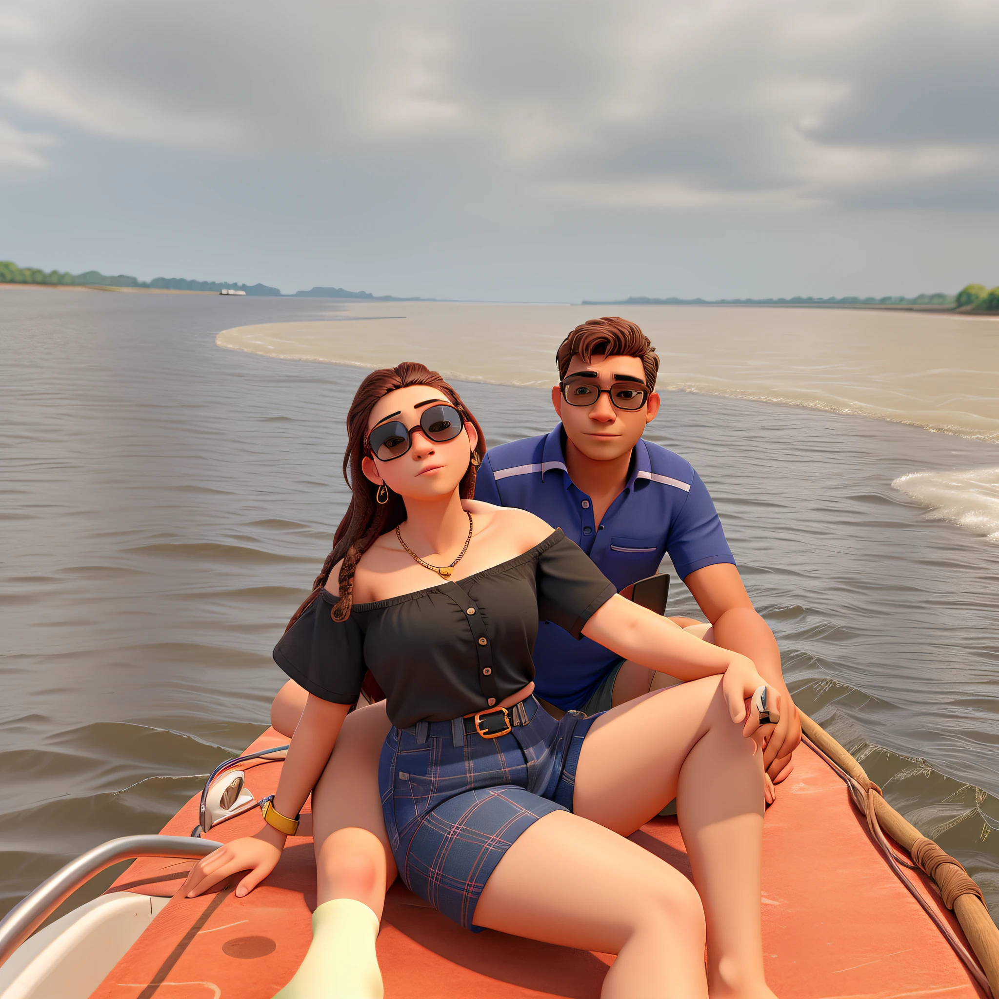 Uma mulher com pele branca, wearing sunglass, Small breasts and a man wearing casual shirt with river background looking at camera