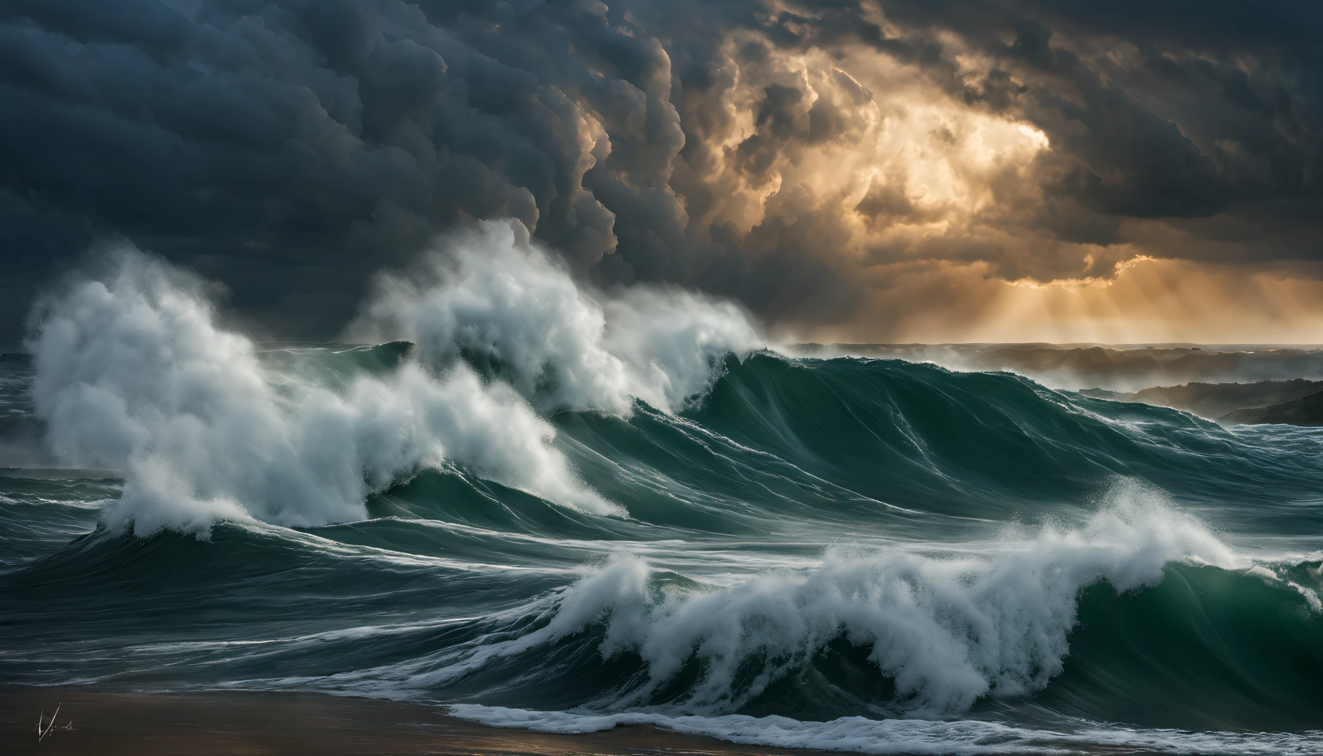 Em um dia chuvoso, uma tempestade se forma no oceano, com ondas imponentes e raios ardentes. No meio desse caos, Posseidon, o poderoso deus do mar, emerge das ondas, erguendo seu tridente. His perfectly symmetrical body and face embody divine majesty. The scene is a testament to the power of the elements, onde a natureza se curva perante o deus. A arte, em estilo da Vinci, captures the grandeur of a deity and the storm of his emotions, Sailboat in the middle of the storm, grandes velas