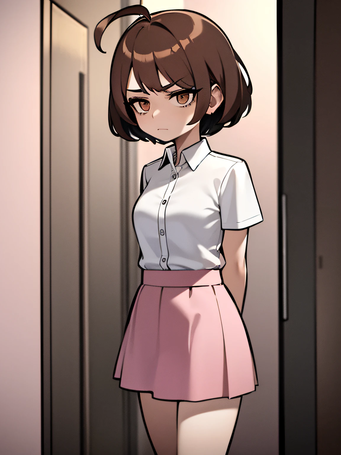 ((masterpiece, best quality)), (1girl), (solo), (female focus), (ahoge, brown hair, short hair), brown eyes, ((white shirt), ((pink skirt), (short skirt)), standing, elevator background, in elevator, arms behind back, dynamic angle, guarded look, scared look, frightened look