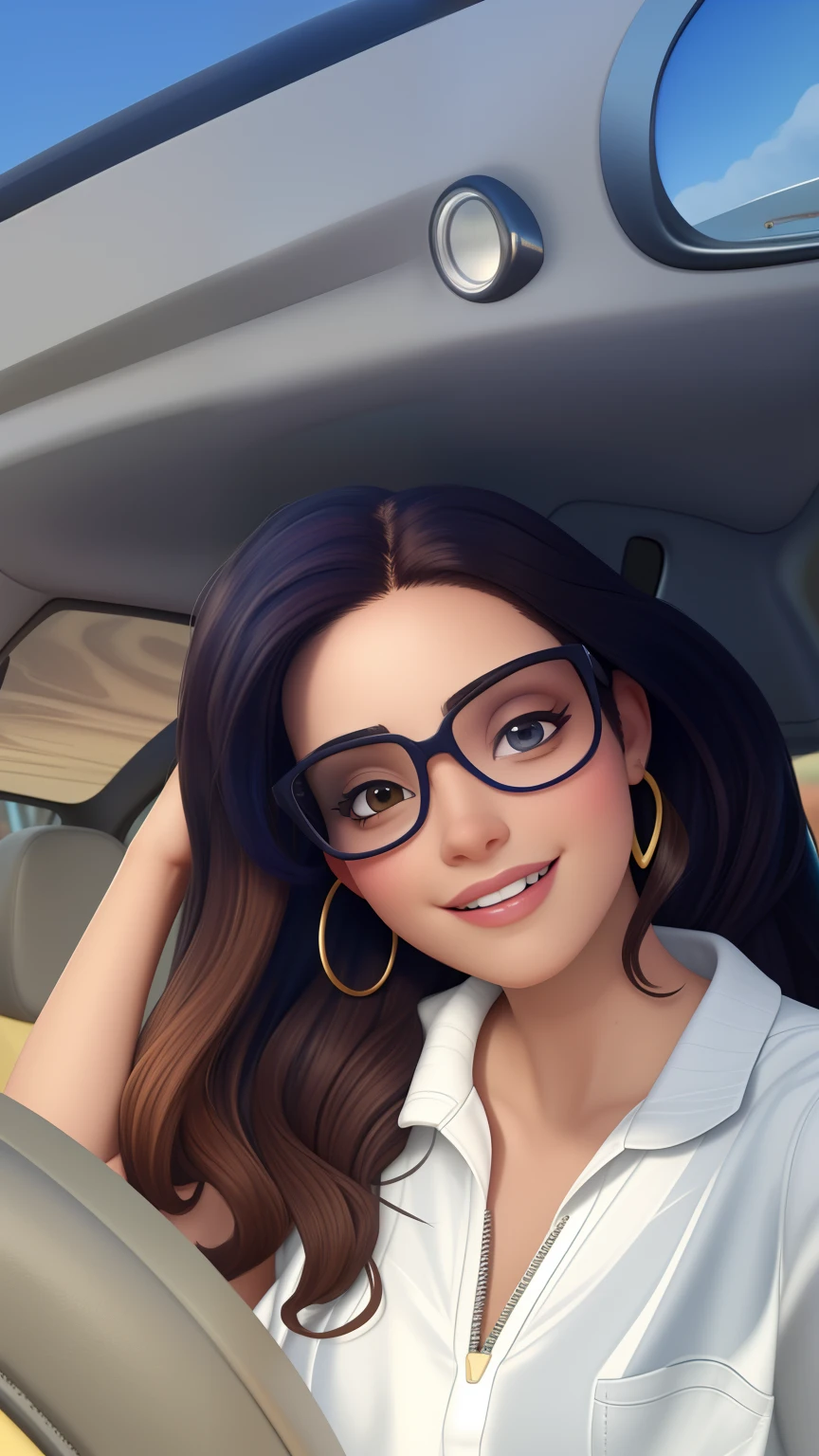 Mulher com cabelo escuro e luzes na cor de mel, camiseta branca, oculos de sol, dentro do carro,alta qualidade, estilo Disney Pixar, pele morena