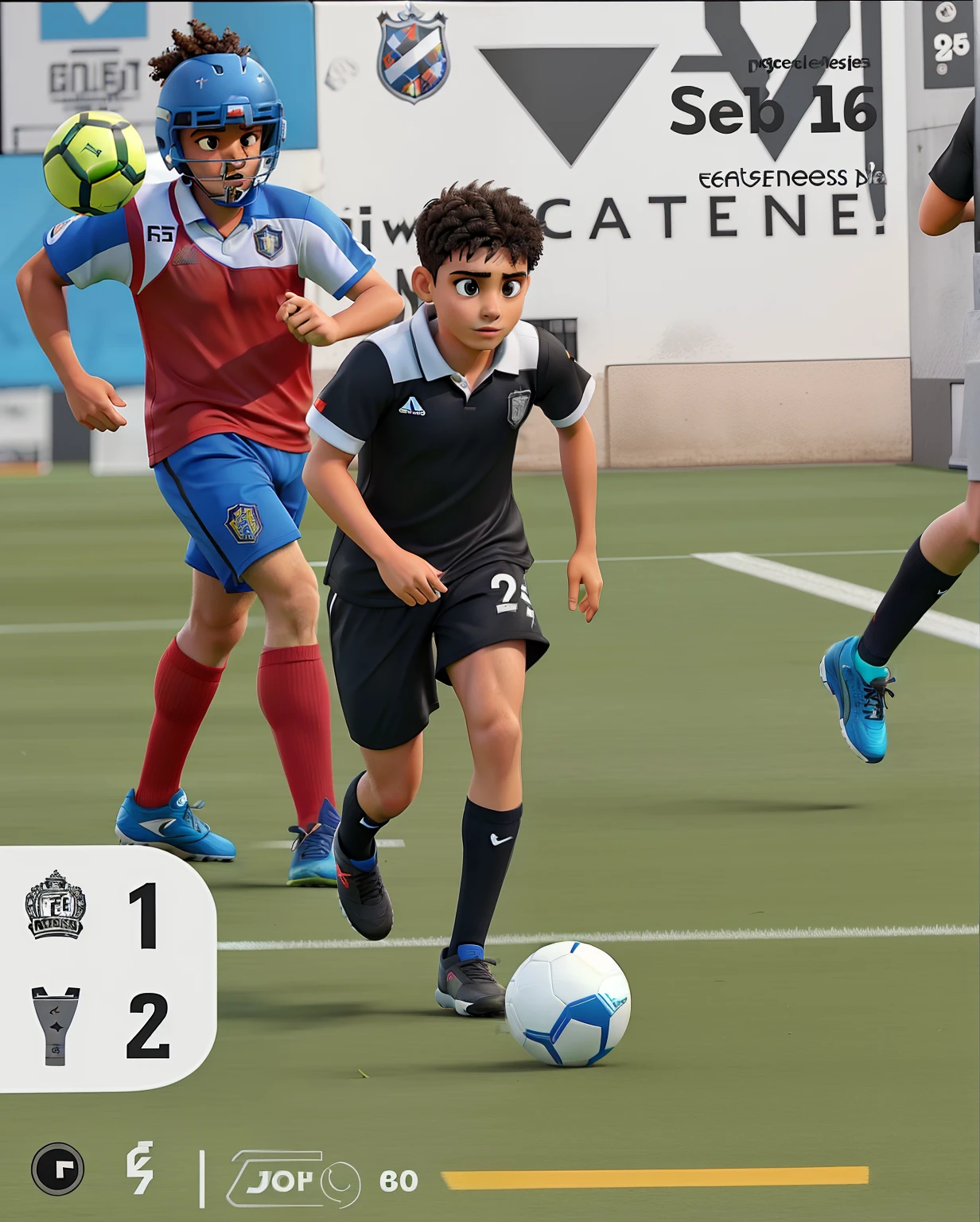Rapaz a jogar futebol com um equipamento preto