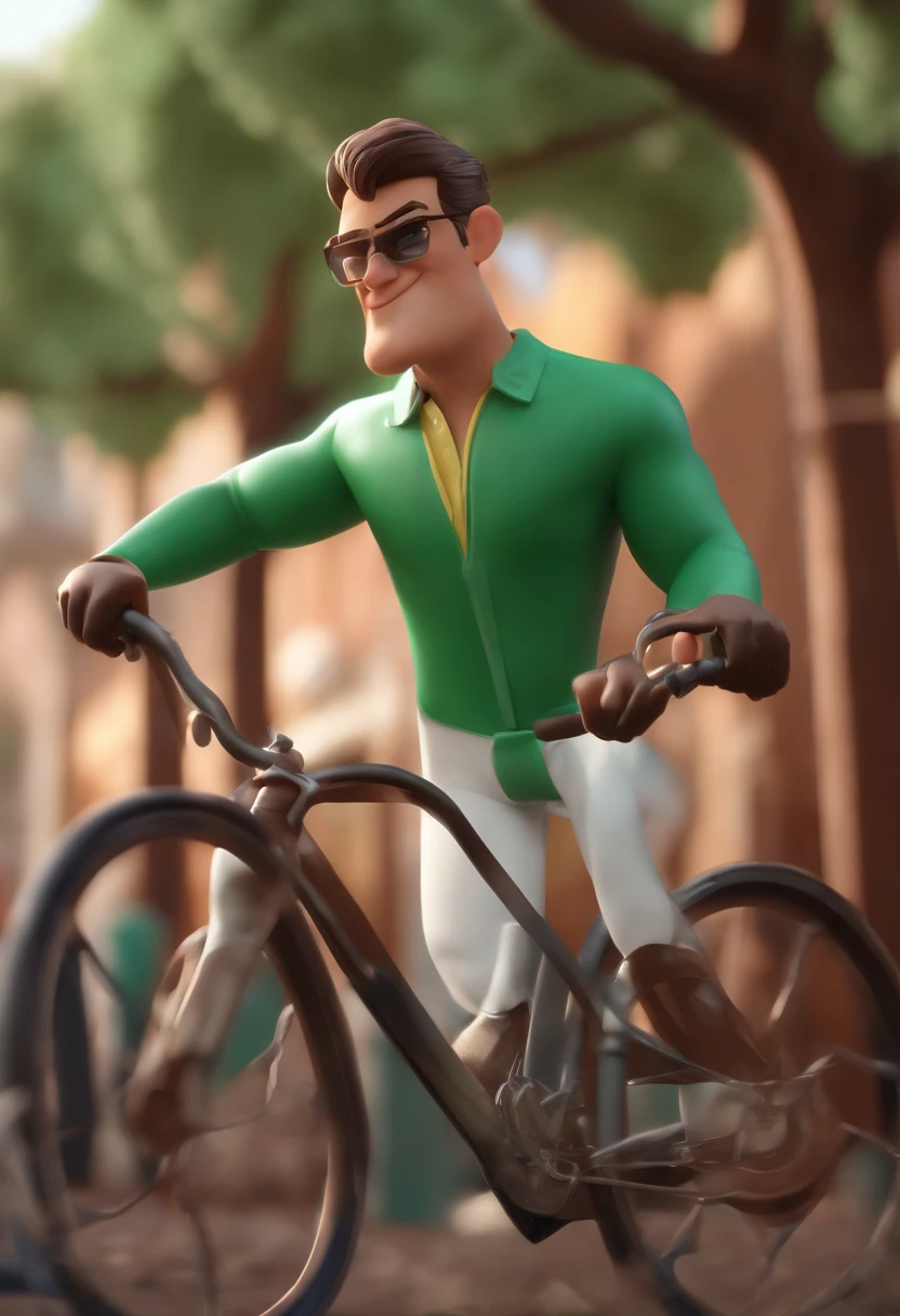 Personagem de desenho animado de um homem usando capacete de ciclismo, pele morena, cabelo curto,  uma camisa verde apertada, um personagem animado, ao lado de sua bicicleta vermelha, Caractere estilizado, animation style rendering, 3D estilizado, Arnold Maya render, 3 d render stylized, toon render keyshot, Personagem 3D, Personagem 3D, 3d rendering stylized, 3 d character render, personagem de desenho animado, Personagem de close up, Pose de personagem, (Estilo Pixar) (master part:1.2) (Bokeh) (best quality) (pele detalhada) (textura detalhada) (8k) (argila) (Cinematic lighting) (foco nítido，Senta e vaza a parte superior do corpo