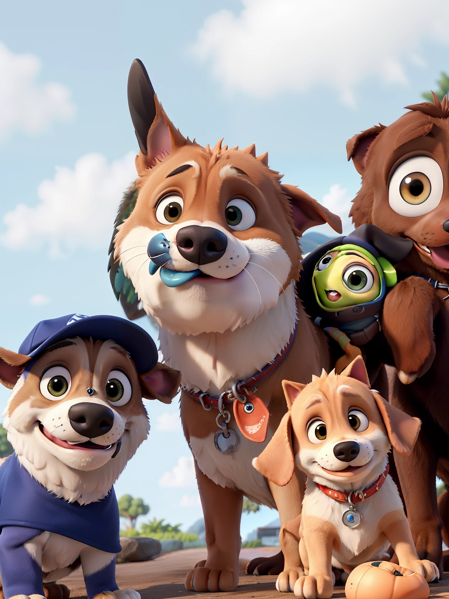 Converta a imagem para que as pessoas, the dog and the images in the background look like they're in a Pixar movie.