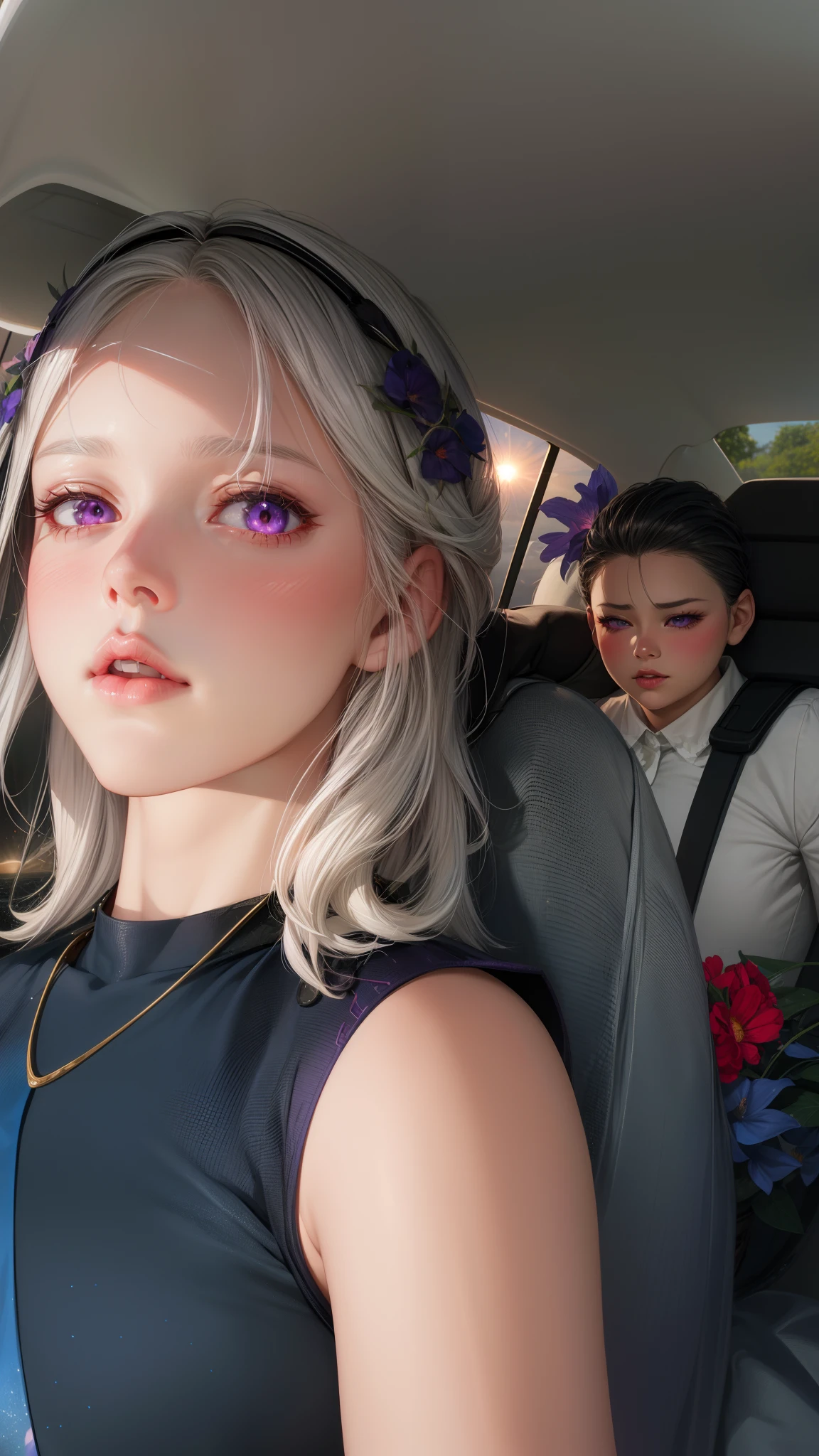 realistic, 1girl, white hair, purple eyes, glowing eyes, crop top, skirt, parted lips, blush, night, flowers, sun, sunlight,