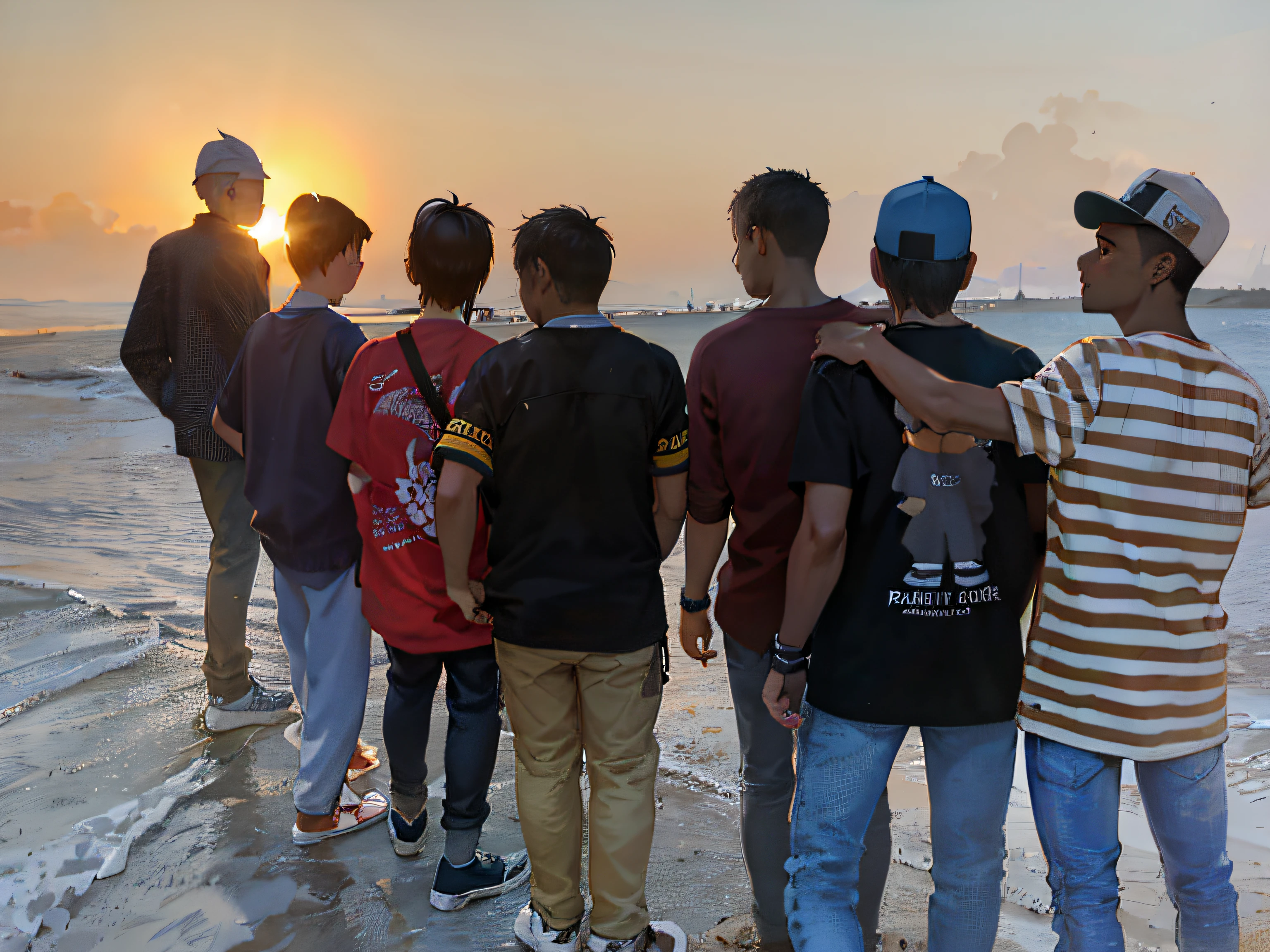 several men standing on a beach watching the sun set, taken at golden hour, on the beach during sunset, during sunset, during golden hour, at beach at sunset, with sunset, at the sunset, in the sunset, during sunrise, taken with sony alpha 9, at a beautiful sunset, standing near the beach, during a sunset, at the beach on a sunset