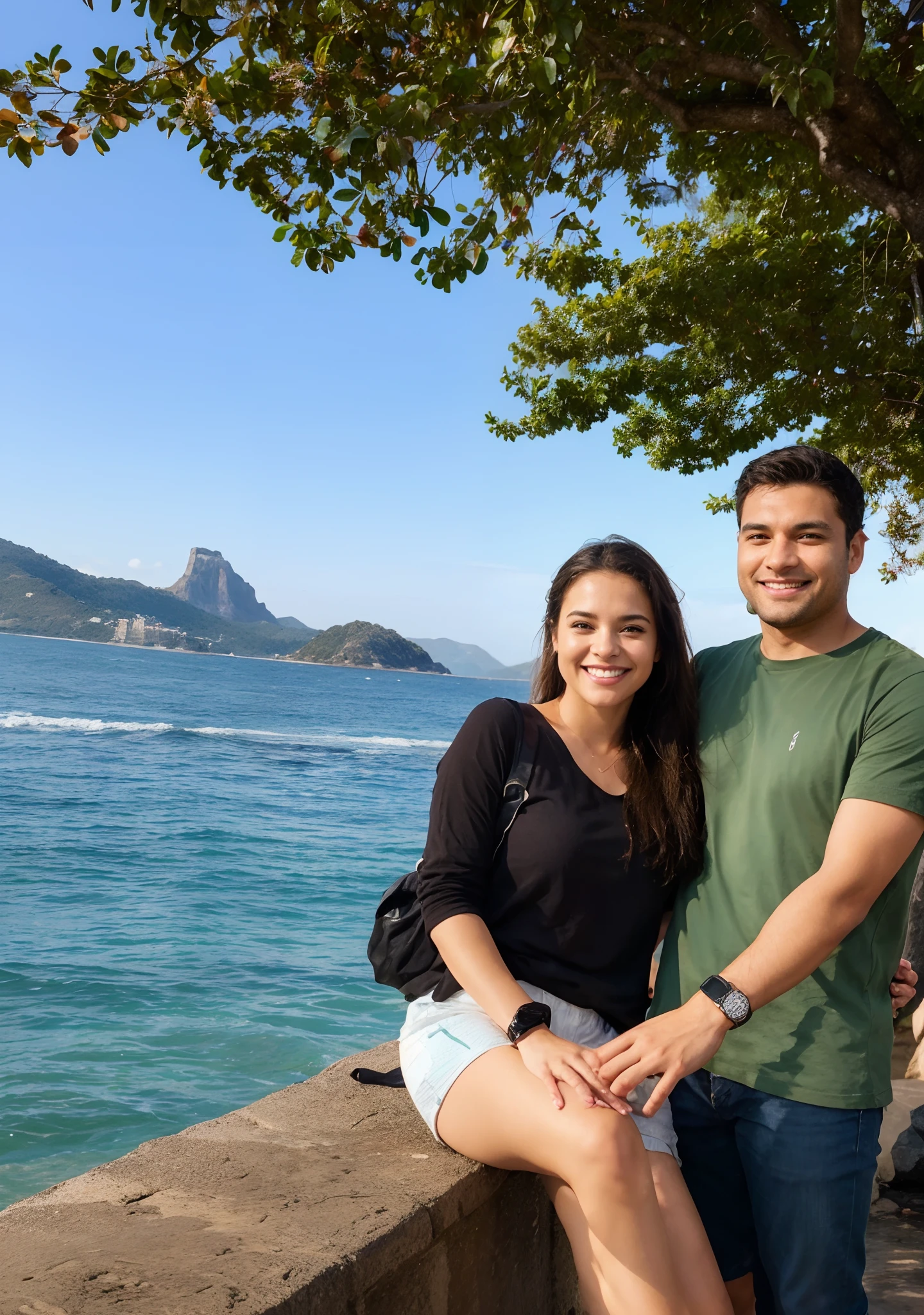 An illustration of an adorable couple, Highlight for a smiling man and a brunette woman with beautiful expressive eyes - the man's skin is brown-skinned and the man's hair has, while the woman's skin is brown and the woman's hair is straight and brown. They are a bright room, cada um com um sorriso no rosto, e compartilhar um momento especial caracterizado pelo amor, Insights. Illustrate this scene from a perspective where they are facing the camera, Smiling and Showing Your Connection. Desenvolva esta arte em Full HD, Focus on your cinematic touch, Estilo Disney Pixar Animations