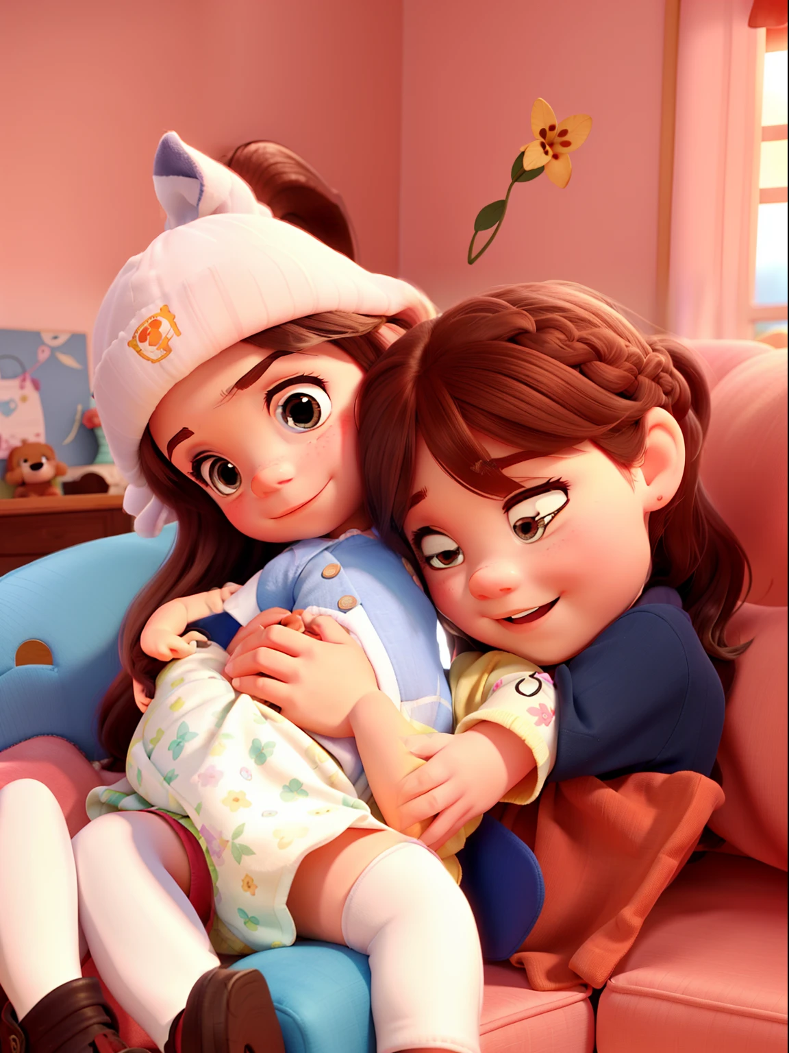 A **** girl and a girl with long hair, On the Pixar Style Couch