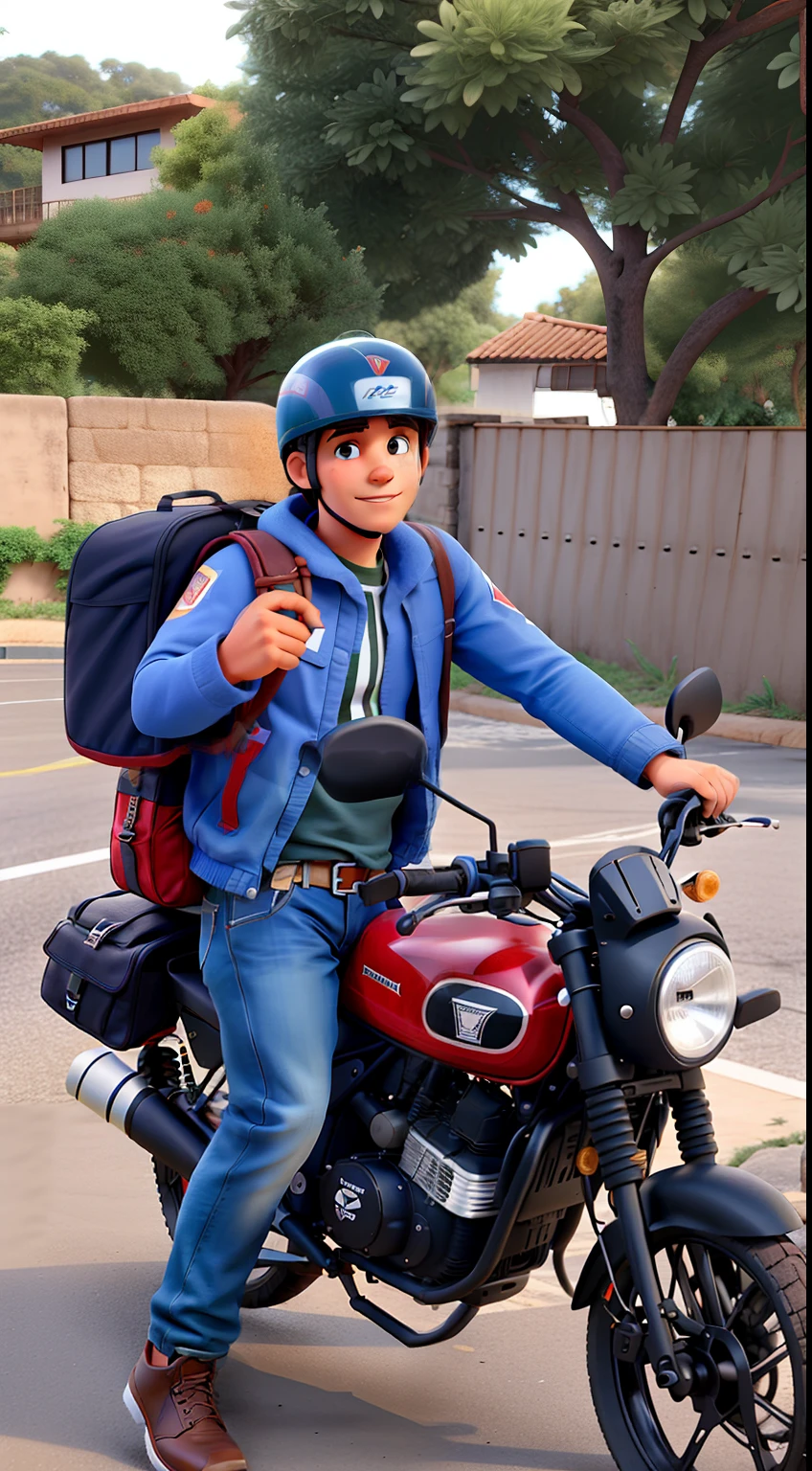 HOMEM JOVEM EM UMA MOTO VERMELHA COM MOCHILA NAS COSTAS