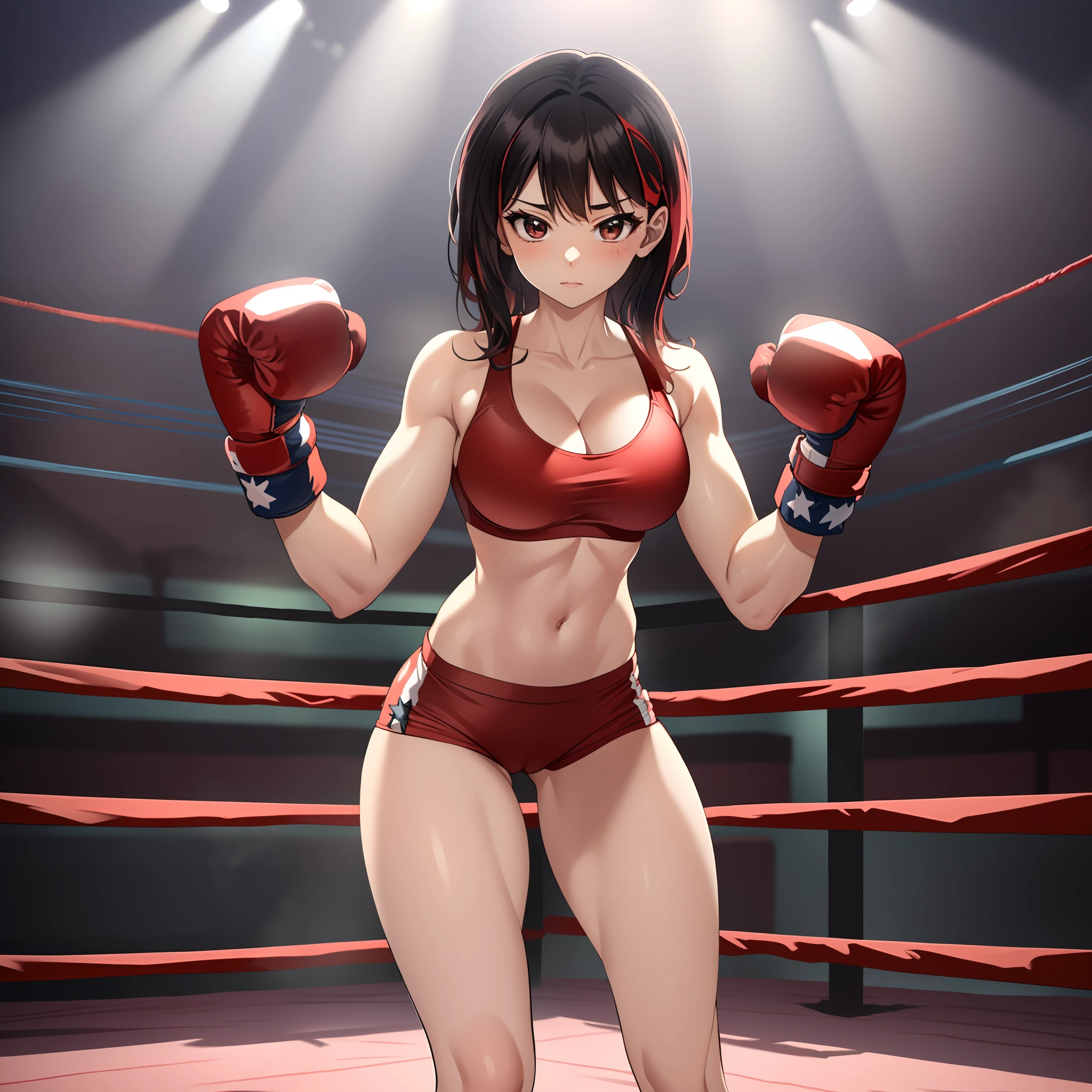 Anime girl in a boxing ring with red gloves and a black bra, posando pronto para uma luta, Pose de lutador, Pose de luta, she is ready to fight, em um ringue de boxe, em pose de luta, posando para uma luta, em uma postura de luta, posando para uma luta intrincada, Pose de luta, em poses de lutador, postura do boxe, postura de luta, personagem de jogo de luta