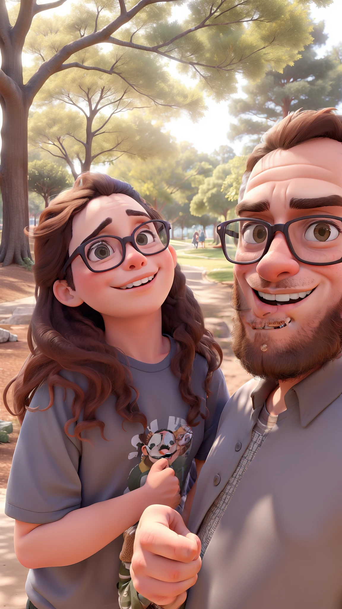um casal de jovens posando um foto no parque. Usando camisetas pretas de rock num dia enrolado. He with a nerd beard and glasses