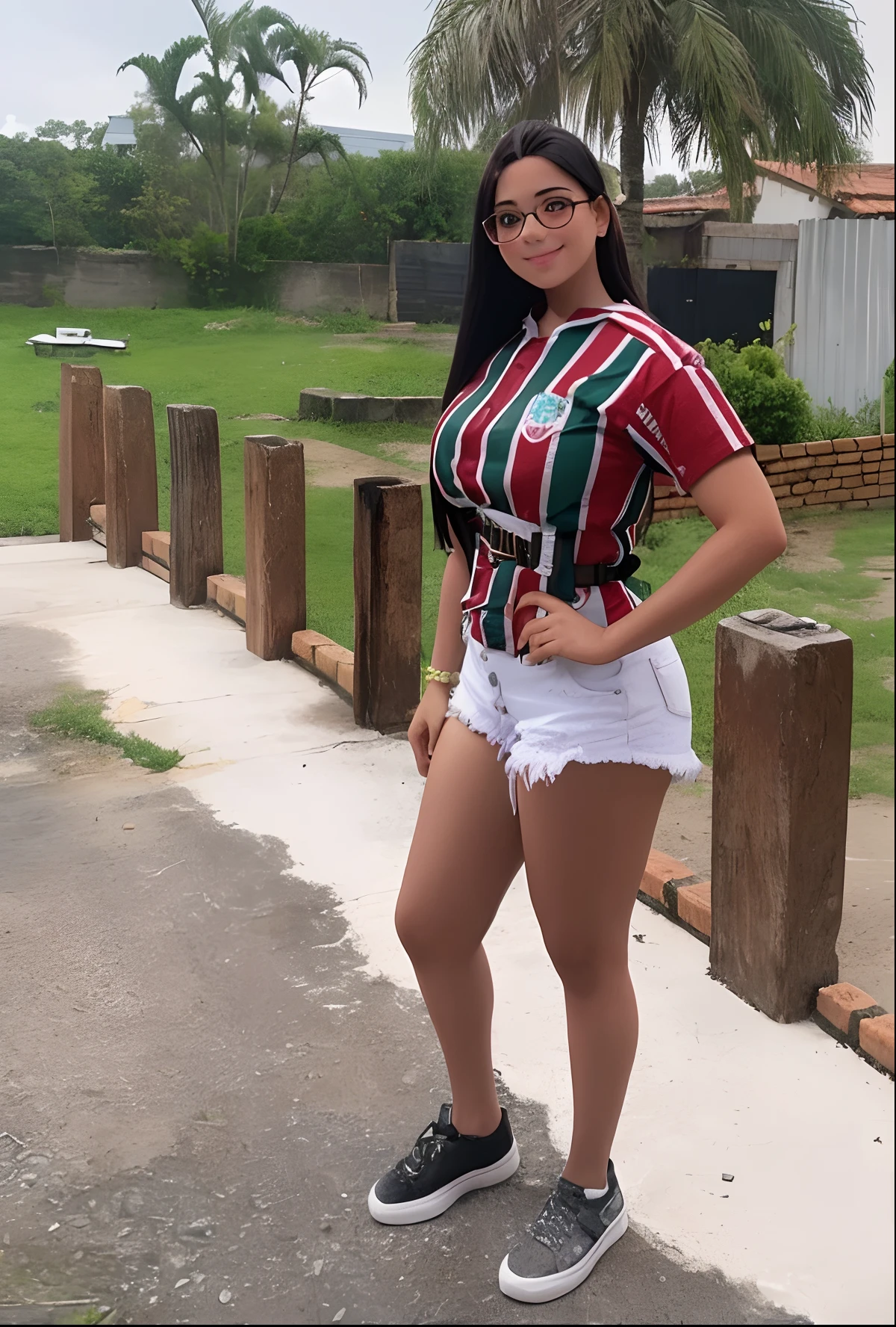 A sultry pose at the vibrant Guatapé, with the influencer's hair styled in a sleek bun, wearing a colorful and form-fitting midi dress with bold patterns, paired with stylish block heels, blending effortlessly into the picturesque streets and vibrant architecture of the town. Slim fit body. F-Cup. Cleavage. Perfect face. Perfect fingers. Perfect hand. Perfect legs. Perfect feet. Capture the essence of the Colombian look and appearance. Sexy pose. Colombian skin color.