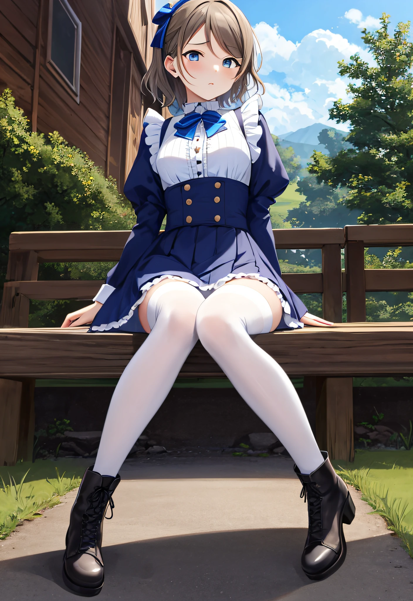 masterpiece), 8K, best quality, high resolution, you watanabe,  extremely detailed, detailed background, cinematic lighting, outdoor, 1girl,, short hair, brown hair, crossed bangs, blue eyes, medium breasts,blue shirt, light blue dress, skirt, frills, lace rims, frilled sleeves, frilled skirt, thighhigh, ankle boots, sitting on grass,white pantyhose,