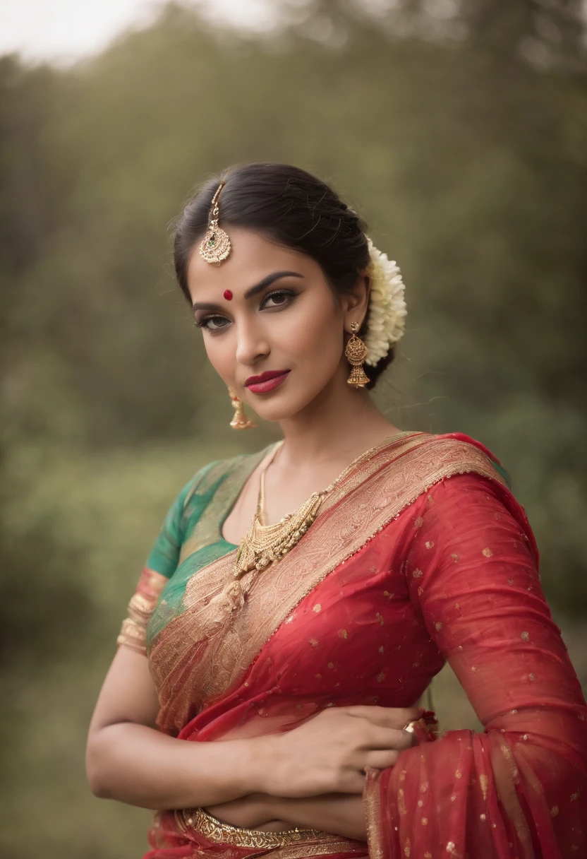 (photorealistic:1.37),indian women,sexy ,detailed eyes,detailed lips,long black hair,golden jewelry,flowing fabrics,navel,sexy top wear,vibrant colors,ornate headpiece,ornamental hilt,confident expression,graceful pose,beautiful backdrop,warrior princess