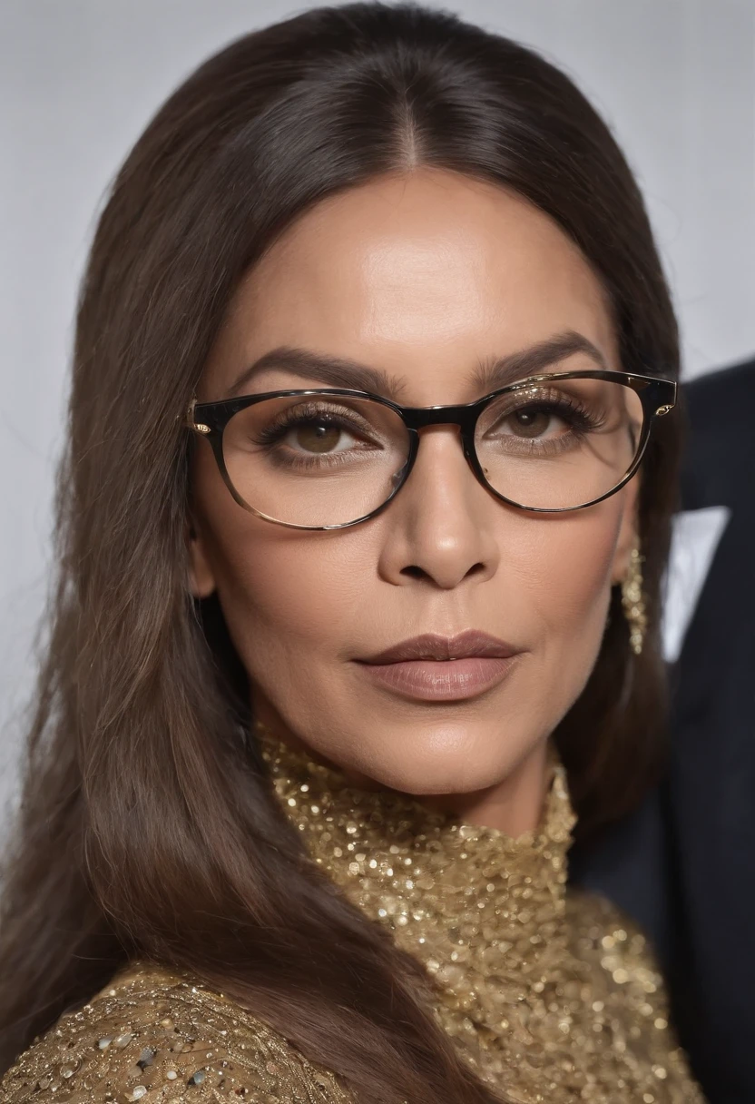 Uma mulher de 53 anos, pele escura, Nativo americano, cabelo curto encaracolados e grisalhos, wears black-rimmed glasses, Strong jaw, strong cheekbones, long eyelashes,  terno dourado sem costuras, liquid metal gold suit with high collar, Fully covered gold net superhero suit, Nativo americano, Sardas, cabelos brancos naturais, pele escura, terno de gola alta dourado, skintight, cabelos brancos gritantes, sobrancelhas grossas