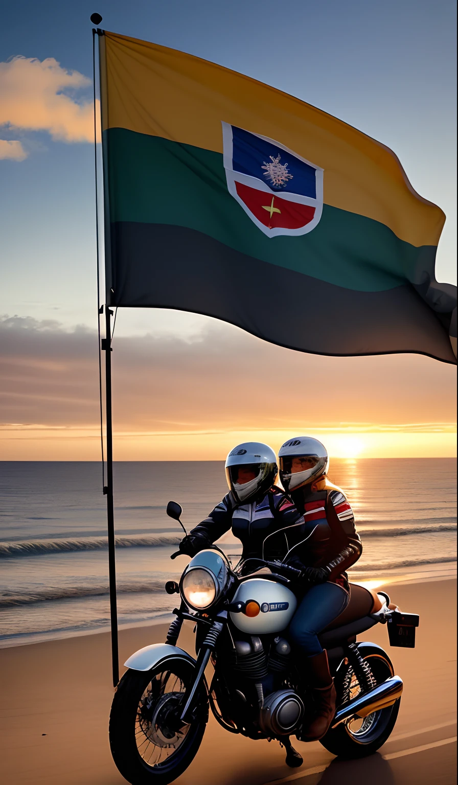 Motociclistas vestidos com coletes de couro de moto clube, Admiring the sunset. Motorcyclists' meeting at sunset. Motorcyclists' meeting at sunset, bandeira preta erguida, Levantou, hasteada, melhor qualidade. serra e mar. Motorcycle Club Anniversary, estrada, montes e mar. Bandeira bonita tremulando no vento. Linda bandeira preta no alto sendo agitada pelo vento.