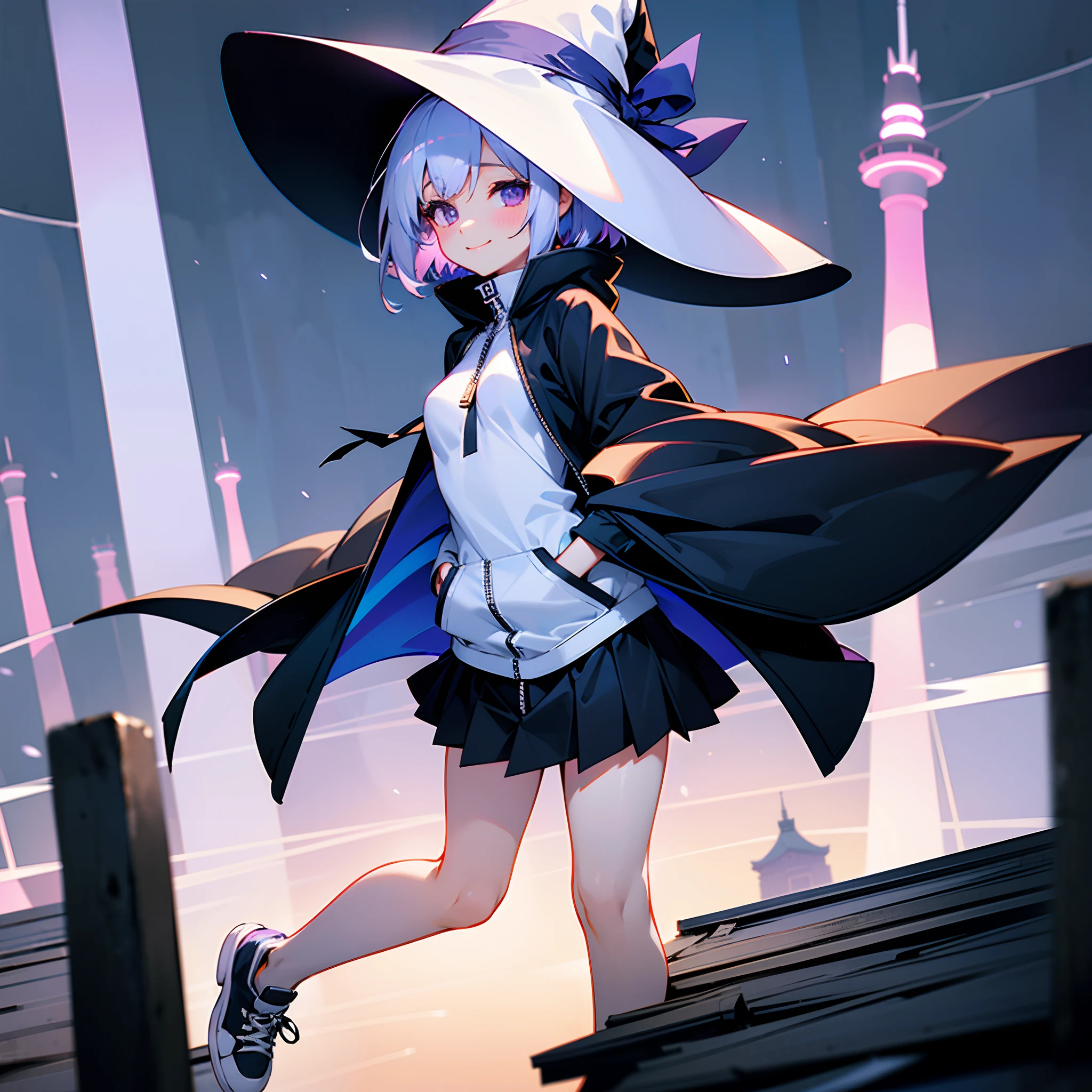 The roof of a building where you can see the night view of Japan、Late Night Tokyo、250m from the ground、You can see only one Sky Tree、beautiful foot、White medium shorthair with blue-purple mesh、Looking at me with a smile、Black sneakers with white shoelaces、Large witch hat with sapphire accessories、Dark brown crisp little eyes with highlights、27-year-old woman with small breasts、small tits、Small、discreet breasts、Looking at me with a smile、Unzipped Ivory zip-up hoodie、Black long coat、Black miniskirt、White inner camisole、white t-shirt、hiquality、Fine writing、High Details