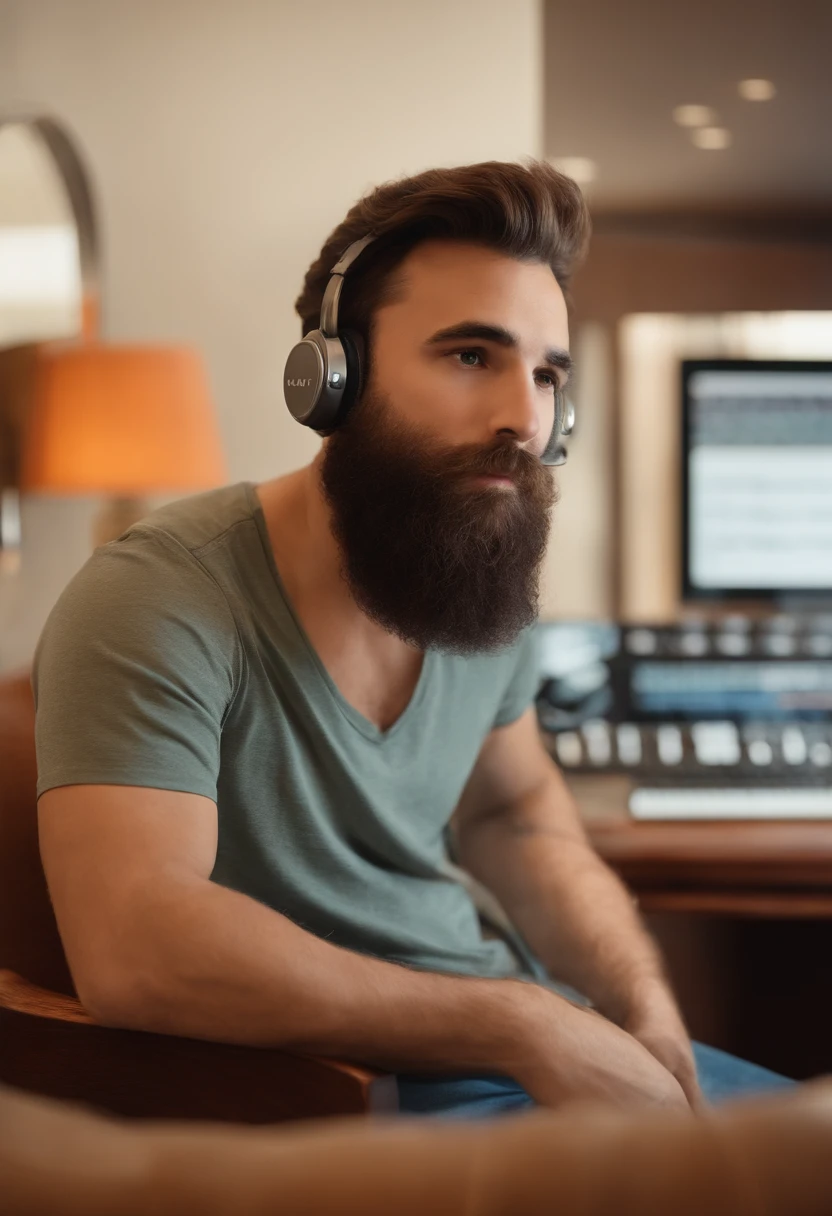 um homem, em breve, barba curta, olhos castanhos, com fones de ouvido, A music studio in the background, Imagem no estilo Pixar, Estilo de filme animado 3D, Disney, camiseta preta