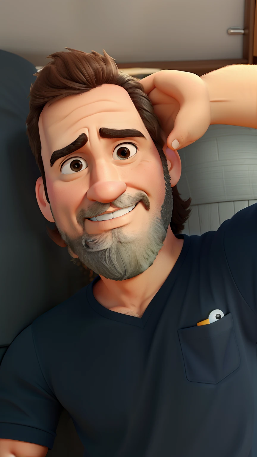 Poster no estilo Disney pixar, alta qualidade, melhor qualidade, homem sexy branco, 40 anos cabelo marrom e barba preta, musculoso, with professional camera, olhos cor de mel, deitado na cama