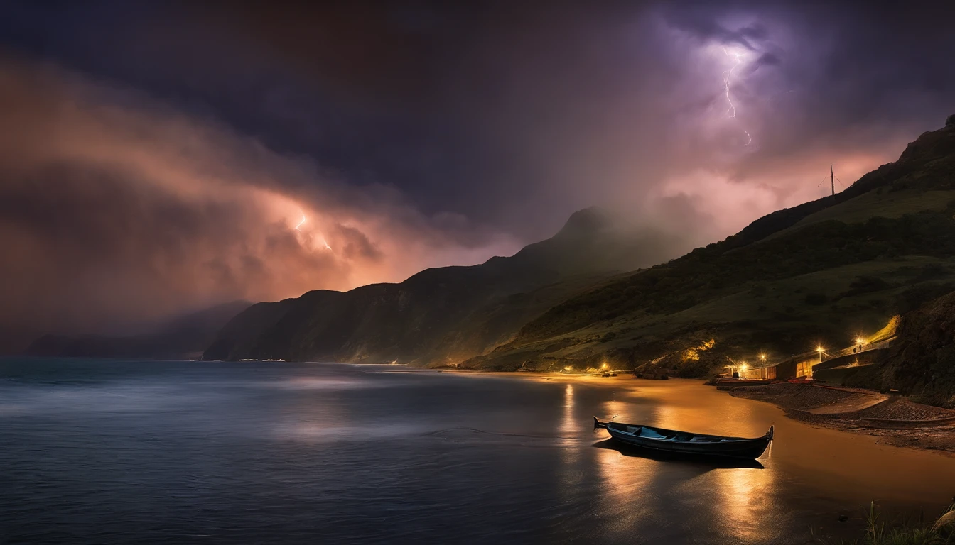 A true photographic landscape painting with incomparable reality,super largo,Ominous sky,veleiro,barco de madeira,lotuses,ondas enormes,Noite estrelada,Harry Potter,Volumetric lighting,clareira,Realistic,Tiago Gurney,art-station,((oil painted))