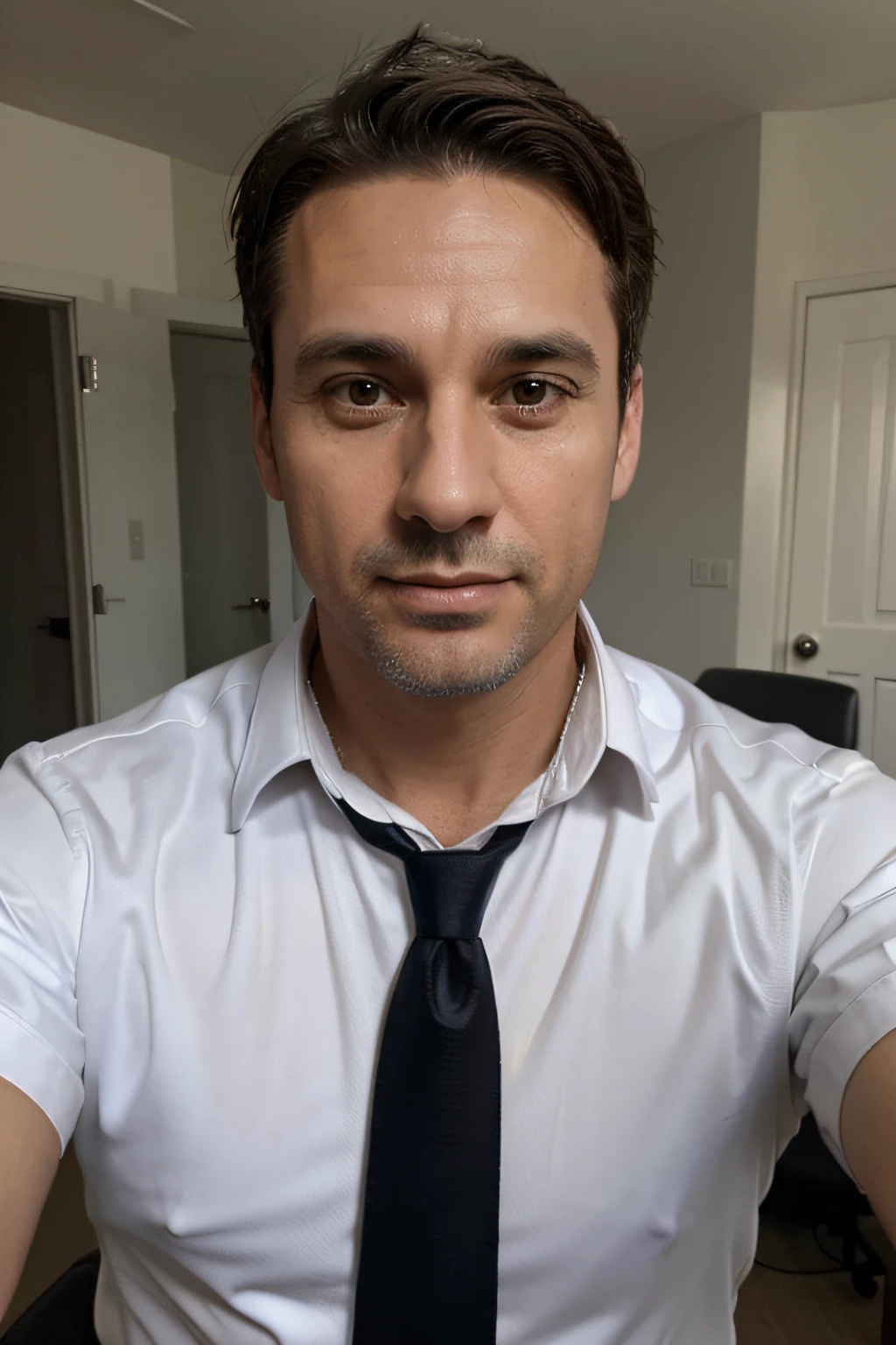 A SELFI PHOTO OF MEN 40 AGE TO PRESENT TO CV WORK WEARING A TIE