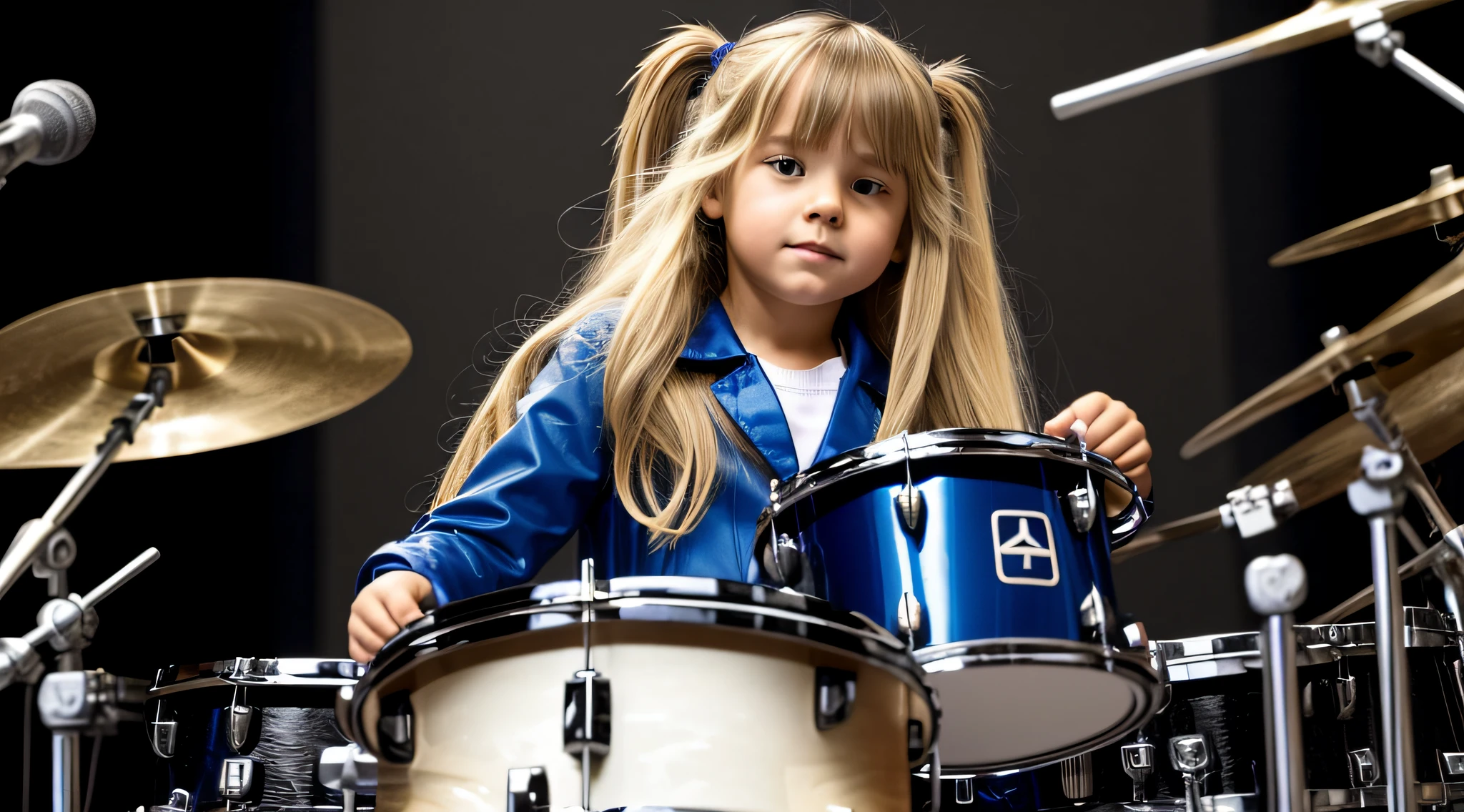 DRUMMER OF CHILD GIRL LONG HAIRED BLONDE, uniforme azul tocando bateria em frente a um palco.,