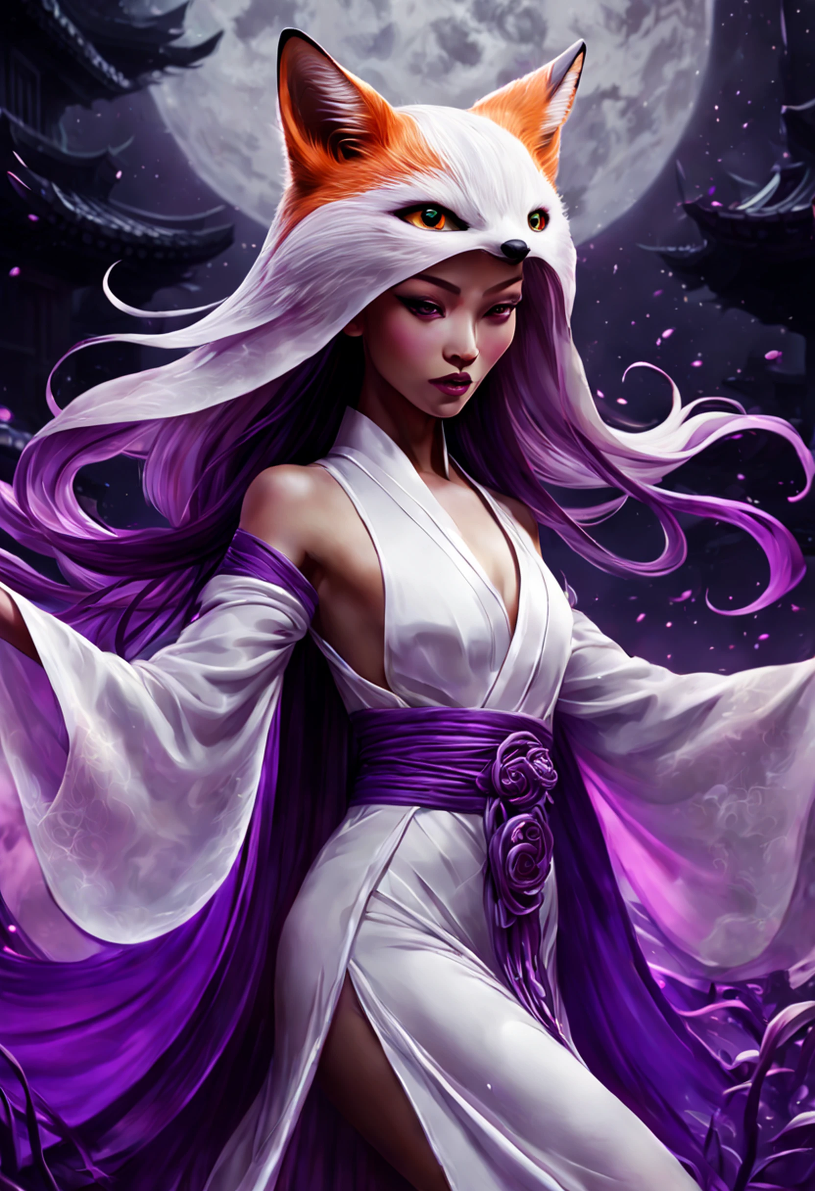 Beautiful and ethereal vixen dressed in flowing white Chinese robes。The image captures fox spirits in the dark sea of the netherworld,It is surrounded by purple gas and faint clouds。Use Midjourney's advanced brush tools to create intricate folds and textures on vixen's robes and hair,And experiment with different color palettes and brushstrokes to bring out the ethereal quality of the scene。The image of the fox spirit is sometimes obscured by the purple qi around it,It also enhances the beauty of the vixen,Make the scene full of mystery and fascination。Aproveite as poderosas ferramentas do Midjourney,You can bring this captivating and ethereal scene to life with incredible detail and beauty。 HDR,(Realismo,qualidade da obra-prima,melhor qualidade),,Pureerosface_v1,Urzang-6500-v1 version.1,