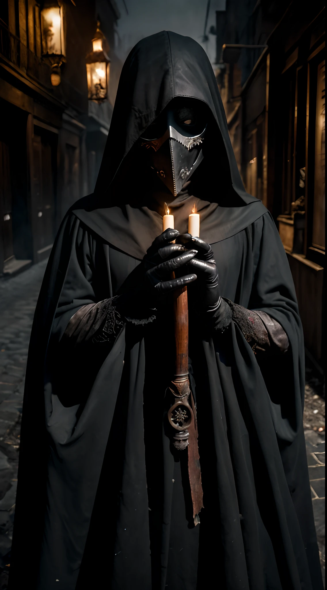 (Masterpiece:1.2), Black Raven Masked Plague Doctor rétro, dark and mysterious, hauntingly beautiful, detailed black beak mask, long flowing cloak, embroidered patterns, old, worn leather, 17th-century outfit, exquisite craftsmanship, sinister atmosphere, dense fog, eerie shadows, dimly lit alleyway, gothic setting, macabre, hauntingly poetic, midnight moonlight, flickering candlelight, chilling, ambient lighting, antique medical tools, plague-infested cityscape, deserted streets, desolation, deathly silence, enigmatic aura