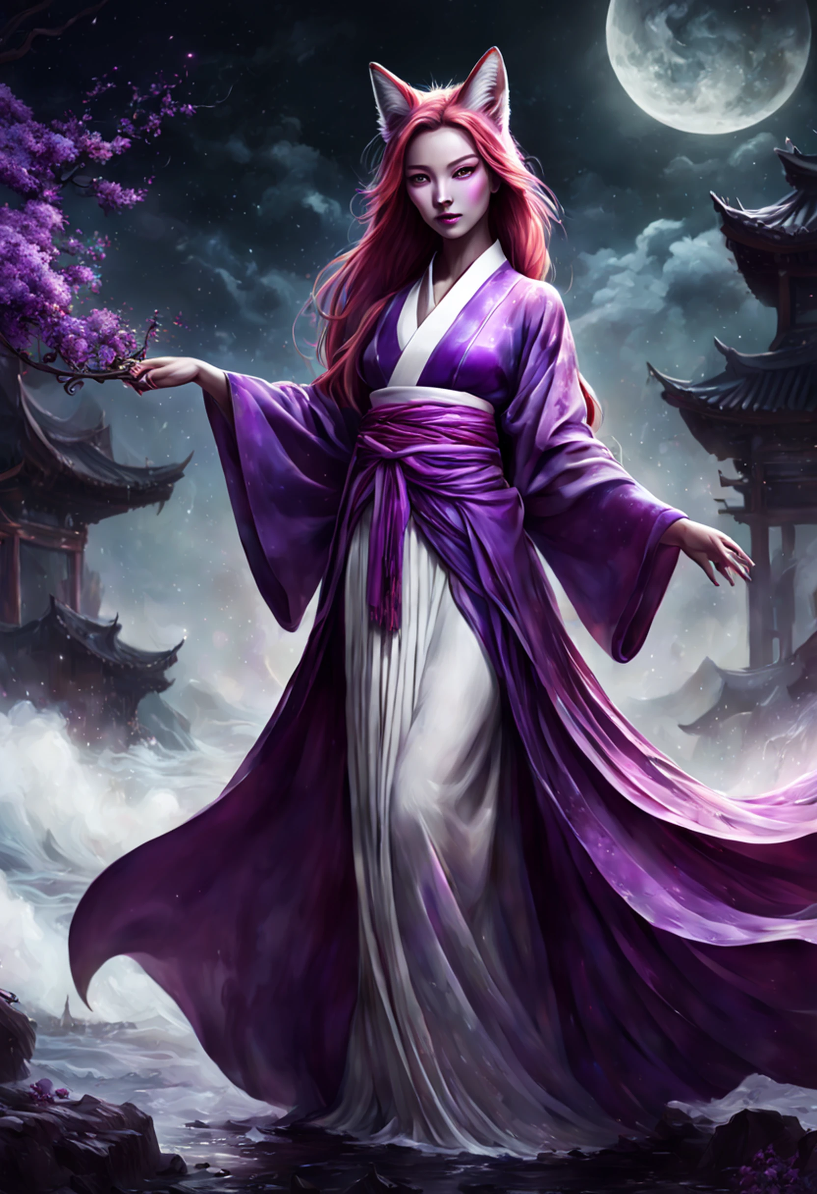 Beautiful and ethereal vixen dressed in flowing white Chinese robes。The image captures fox spirits in the dark sea of the netherworld，It is surrounded by purple gas and faint clouds。Use Midjourney's advanced brush tools to create intricate folds and textures on vixen's robes and hair，And experiment with different color palettes and brushstrokes to bring out the ethereal quality of the scene。The image of the fox spirit is sometimes obscured by the purple qi around it，It also enhances the beauty of the vixen，Make the scene full of mystery and fascination。Aproveite as poderosas ferramentas do Midjourney，You can bring this captivating and ethereal scene to life with incredible detail and beauty。 HDR，（Realismo，qualidade da obra-prima，melhor qualidade），，Pureerosface_v1，Urzang-6500-v1 version.1，