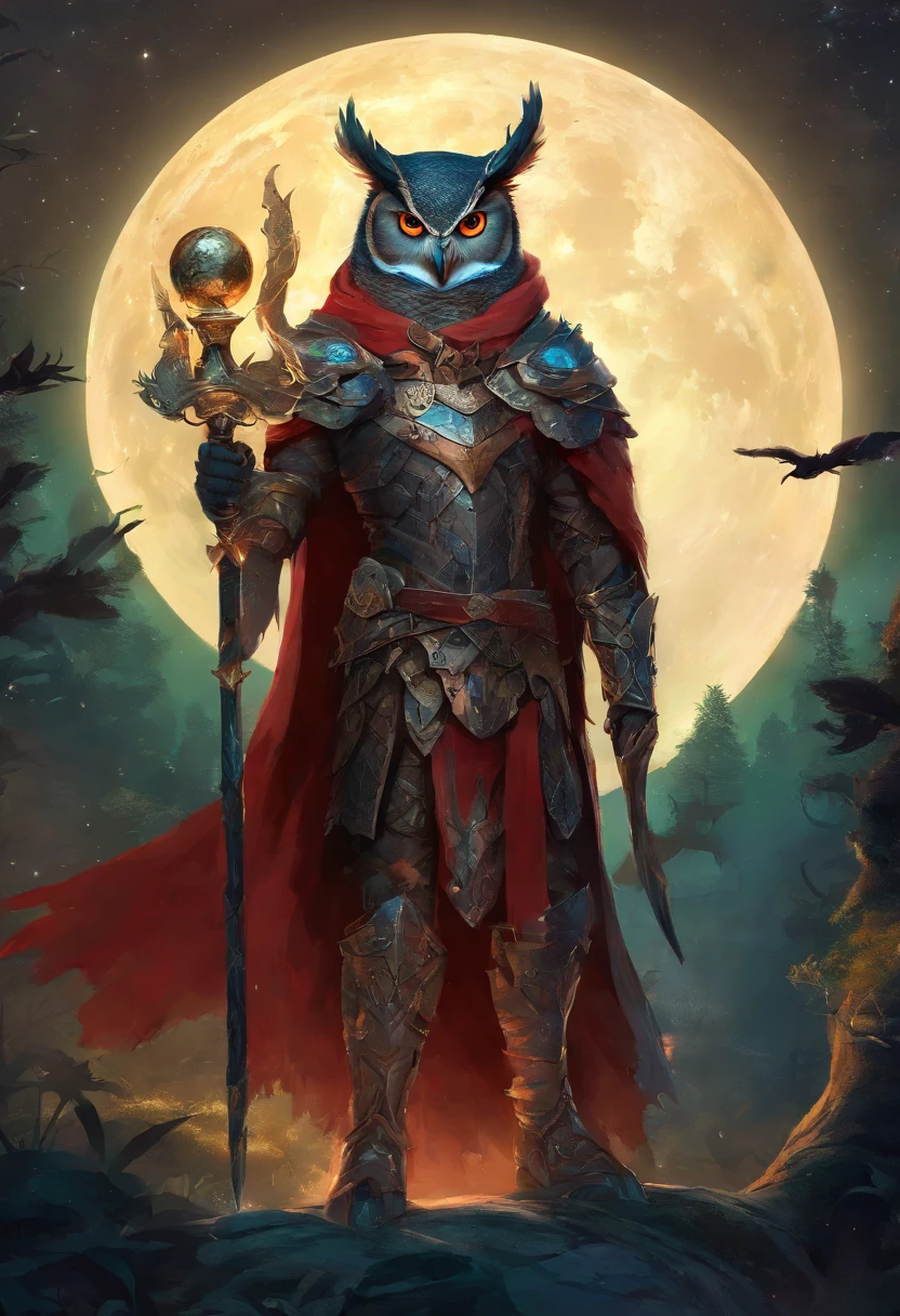 Horned anthropomorphic owl wearing black leather armor, um manto verde escuro, A red scarf and holding a UEFA Champions League trophy. Dark forest at night in front of a huge moon
