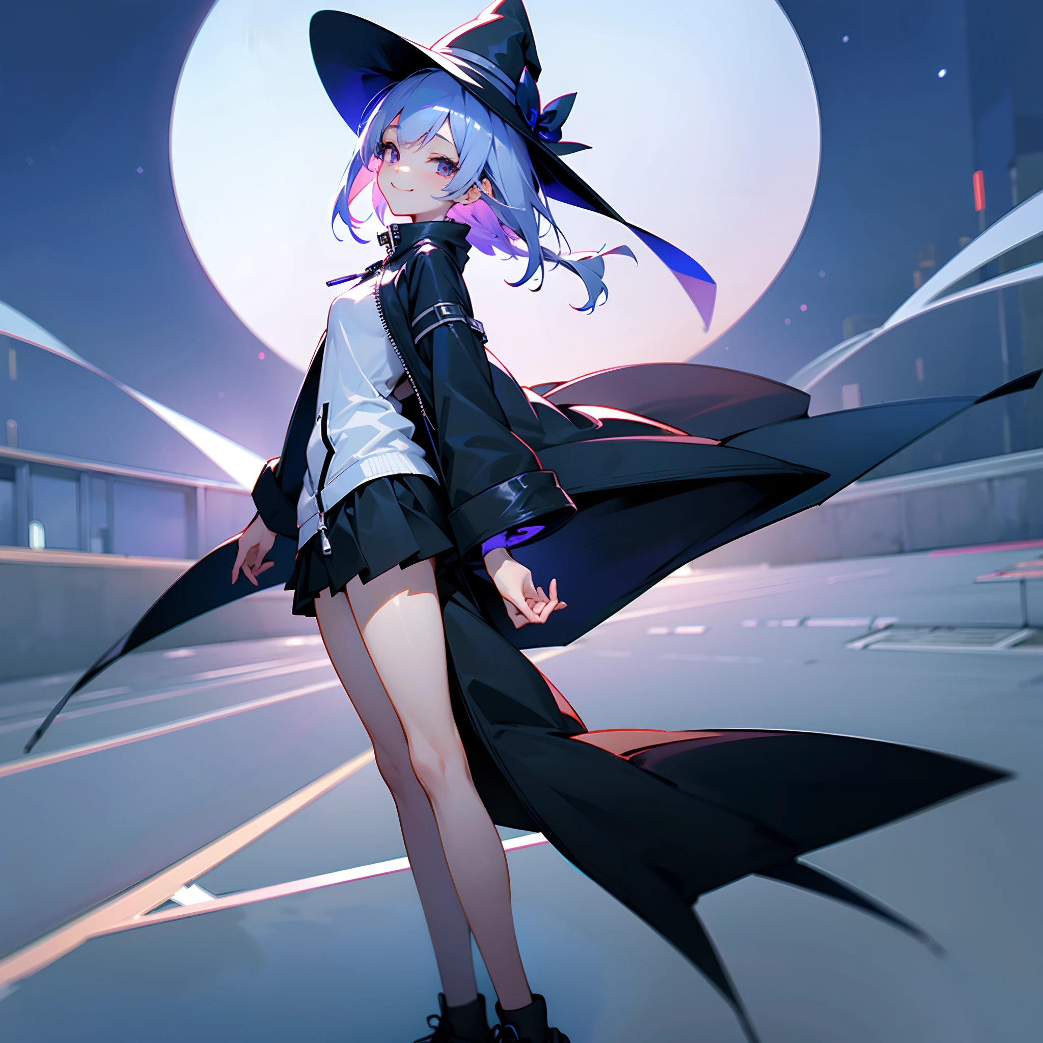 The roof of a building where you can see the night view of Japan、Late Night Tokyo、250m from the ground、You can see only one Sky Tree、beautiful foot、White medium shorthair with blue-purple mesh、Looking at me with a smile、Black sneakers with white shoelaces、Large witch hat with sapphire accessories、Dark brown crisp little eyes with highlights、27-year-old woman with small breasts、small tits、Small、discreet breasts、Looking at me with a smile、Unzipped Ivory zip-up hoodie、Black long coat、Black miniskirt、White inner camisole、white t-shirt、hiquality、Fine writing、High Details