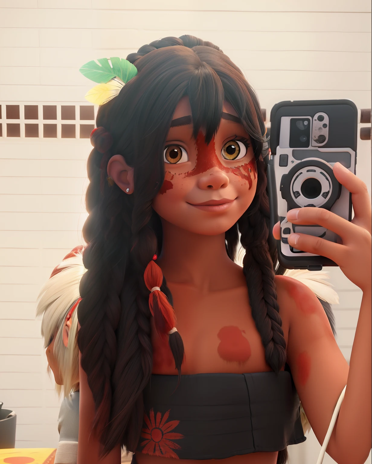 Indigenous girl, Red Indian Paint On Face, Brasileira, Brinco de Pena, Indigenous red paint on face, segurando iPhone, segurando celular, garota Kurumin, Rosto Vermelho, Tinta vermelha cobrindo o rosto