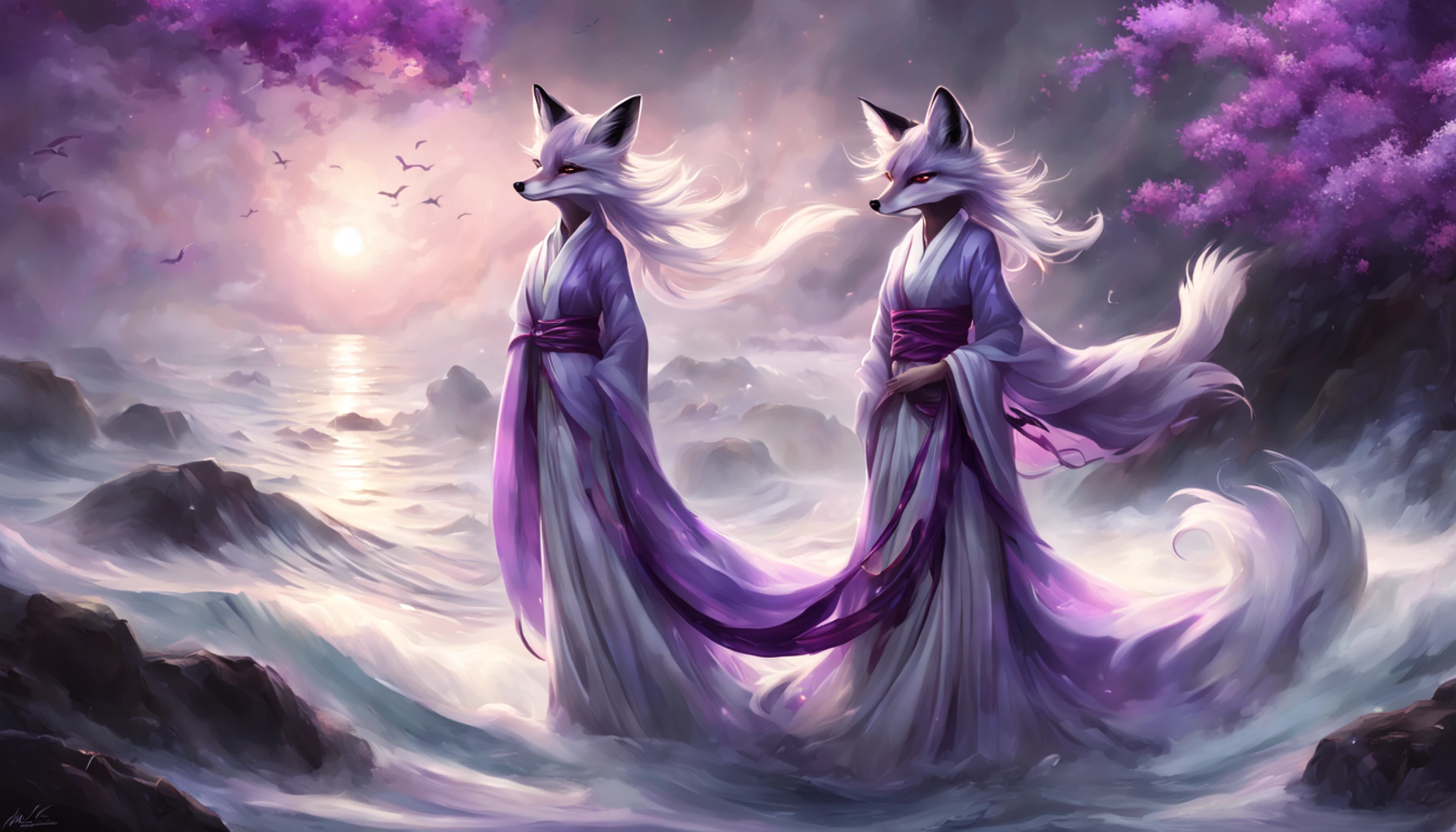 Beautiful and ethereal vixen dressed in flowing white Chinese robes。The image captures fox spirits in the dark sea of the netherworld,It is surrounded by purple gas and faint clouds。Use Midjourney's advanced brush tools to create intricate folds and textures on vixen's robes and hair,And experiment with different color palettes and brushstrokes to bring out the ethereal quality of the scene。The image of the fox spirit is sometimes obscured by the purple qi around it,It also enhances the beauty of the vixen,Make the scene full of mystery and fascination。Aproveite as poderosas ferramentas do Midjourney,You can bring this captivating and ethereal scene to life with incredible detail and beauty。 HDR,(Realismo,qualidade da obra-prima,melhor qualidade),,Pureerosface_v1,Urzang-6500-v1 version.1,