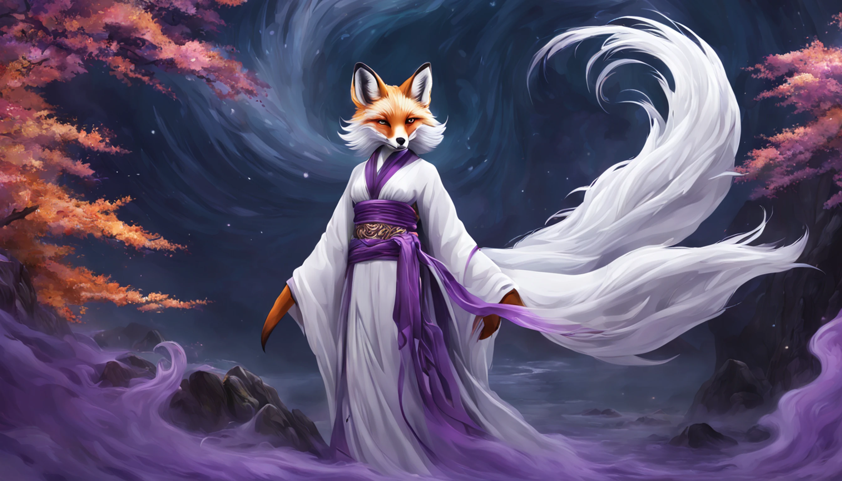 Beautiful and ethereal vixen dressed in flowing white Chinese robes。The image captures fox spirits in the dark sea of the netherworld，It is surrounded by purple gas and faint clouds。Use Midjourney's advanced brush tools to create intricate folds and textures on vixen's robes and hair，And experiment with different color palettes and brushstrokes to bring out the ethereal quality of the scene。The image of the fox spirit is sometimes obscured by the purple qi around it，It also enhances the beauty of the vixen，Make the scene full of mystery and fascination。Aproveite as poderosas ferramentas do Midjourney，You can bring this captivating and ethereal scene to life with incredible detail and beauty。 HDR，（Realismo，qualidade da obra-prima，melhor qualidade），，Pureerosface_v1，Urzang-6500-v1 version.1，