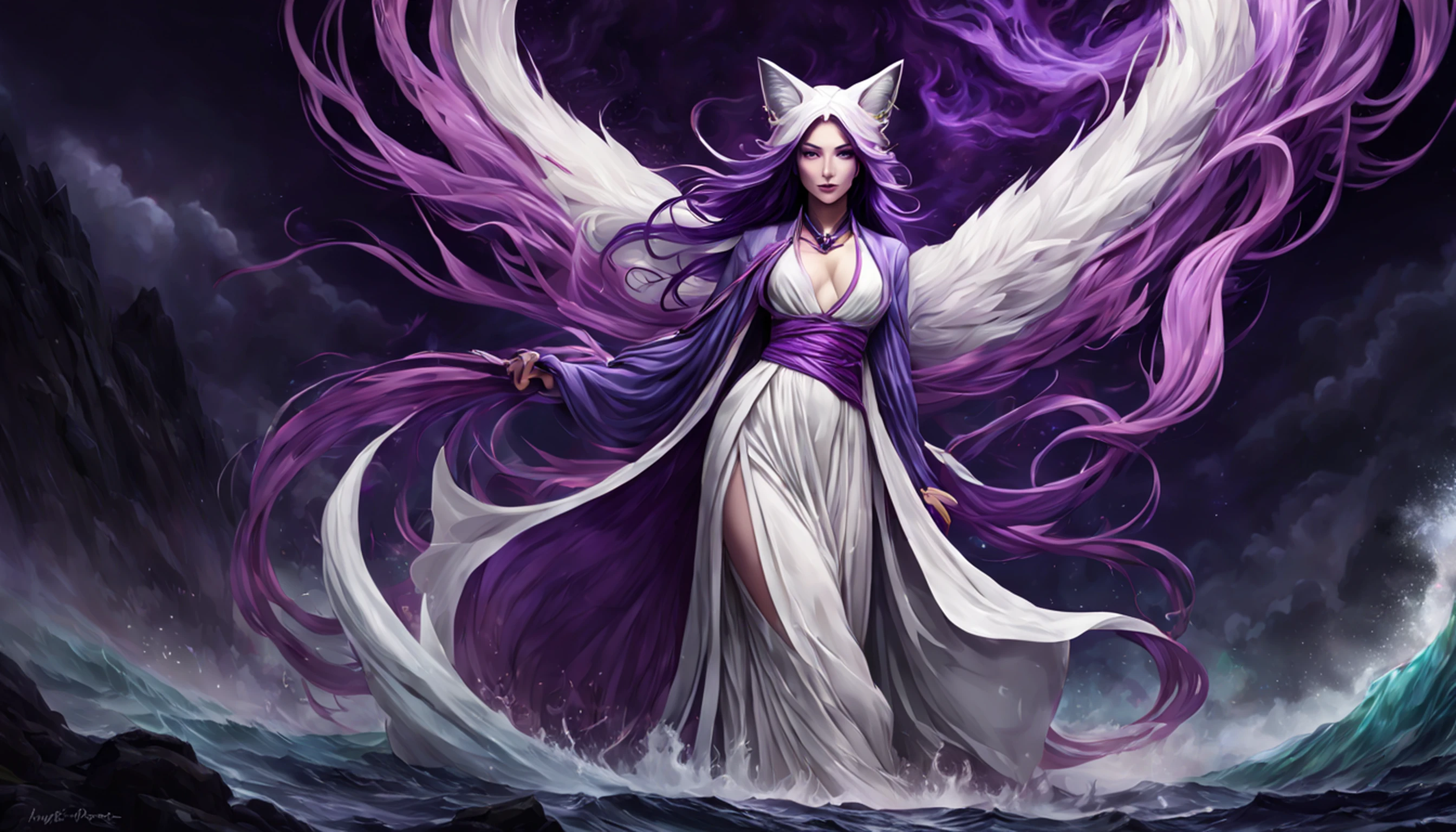 Beautiful and ethereal vixen dressed in flowing white Chinese robes。The image captures fox spirits in the dark sea of the netherworld,It is surrounded by purple gas and faint clouds。Use Midjourney's advanced brush tools to create intricate folds and textures on vixen's robes and hair,And experiment with different color palettes and brushstrokes to bring out the ethereal quality of the scene。The image of the fox spirit is sometimes obscured by the purple qi around it,It also enhances the beauty of the vixen,Make the scene full of mystery and fascination。Aproveite as poderosas ferramentas do Midjourney,You can bring this captivating and ethereal scene to life with incredible detail and beauty。 HDR,(Realismo,qualidade da obra-prima,melhor qualidade),,Pureerosface_v1,Urzang-6500-v1 version.1,