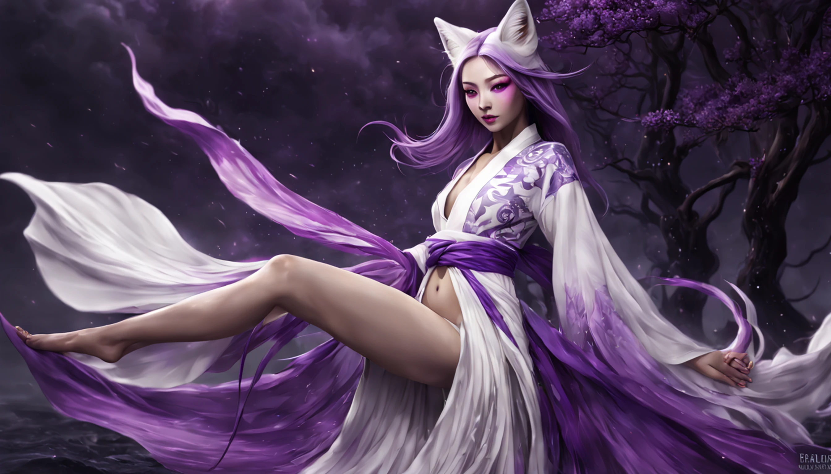 Beautiful and ethereal vixen dressed in flowing white Chinese robes。The image captures fox spirits in the dark sea of the netherworld，It is surrounded by purple gas and faint clouds。Use Midjourney's advanced brush tools to create intricate folds and textures on vixen's robes and hair，And experiment with different color palettes and brushstrokes to bring out the ethereal quality of the scene。The image of the fox spirit is sometimes obscured by the purple qi around it，It also enhances the beauty of the vixen，Make the scene full of mystery and fascination。Aproveite as poderosas ferramentas do Midjourney，You can bring this captivating and ethereal scene to life with incredible detail and beauty。 HDR，（Realismo，qualidade da obra-prima，melhor qualidade），，Pureerosface_v1，Urzang-6500-v1 version.1，