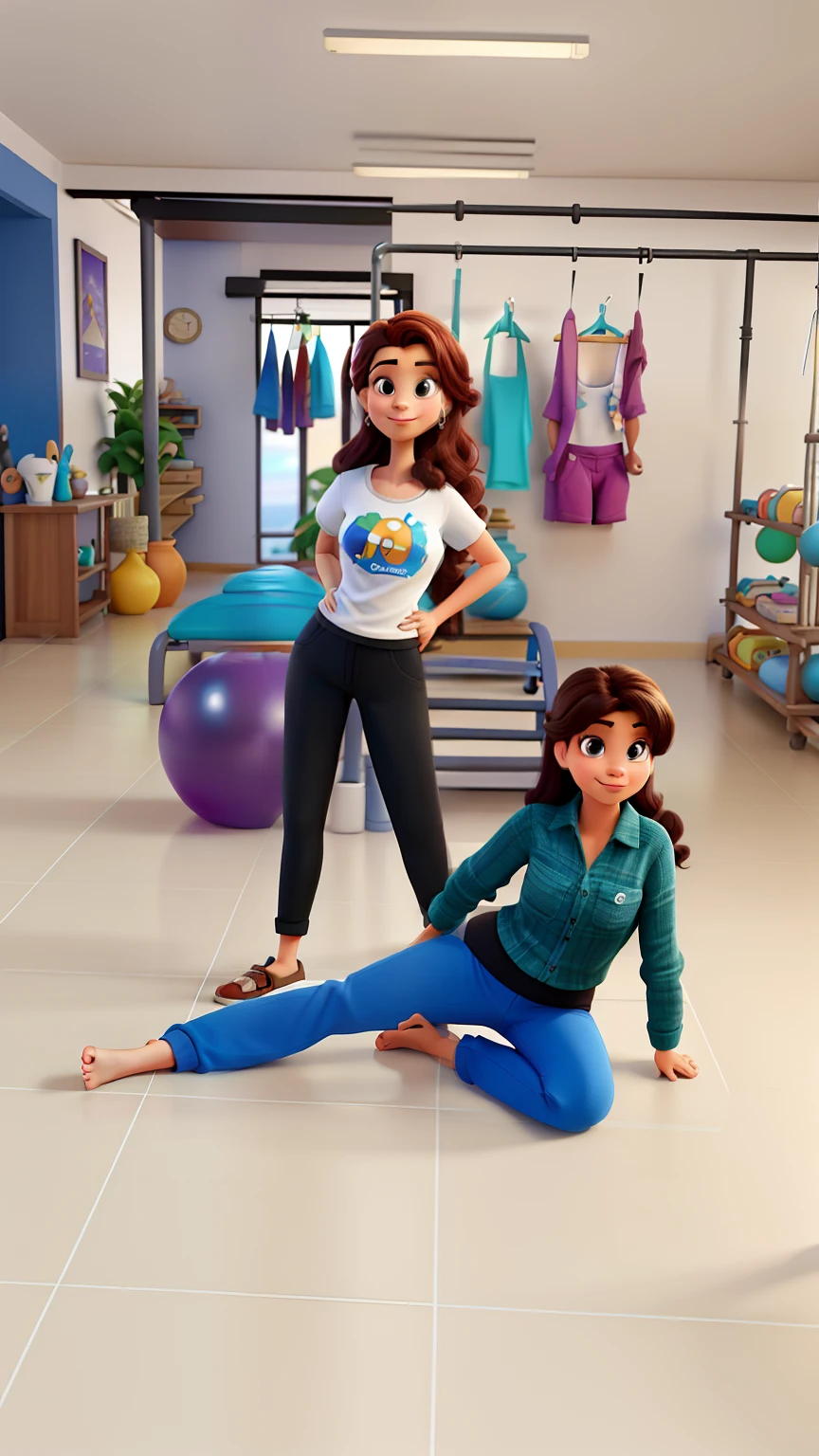 Poster no estilo Disney pixar, alta qualidade, melhor qualidade, duas mulheres sexy, magras, cabelos longos cor de mel, praticando pilates, fundo com aparelho de pilates