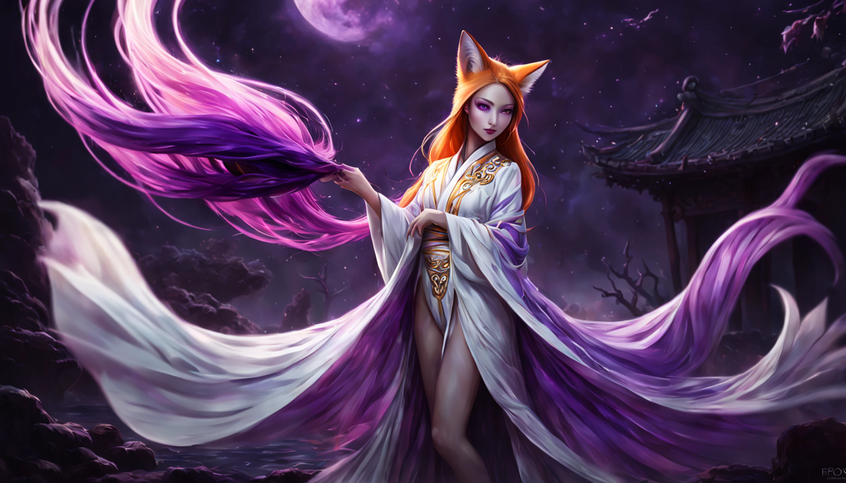 Beautiful and ethereal vixen dressed in flowing white Chinese robes。The image captures fox spirits in the dark sea of the netherworld,It is surrounded by purple gas and faint clouds。Use Midjourney's advanced brush tools to create intricate folds and textures on vixen's robes and hair,And experiment with different color palettes and brushstrokes to bring out the ethereal quality of the scene。The image of the fox spirit is sometimes obscured by the purple qi around it,It also enhances the beauty of the vixen,Make the scene full of mystery and fascination。Aproveite as poderosas ferramentas do Midjourney,You can bring this captivating and ethereal scene to life with incredible detail and beauty。 HDR,(Realismo,qualidade da obra-prima,melhor qualidade),,Pureerosface_v1,Urzang-6500-v1 version.1,