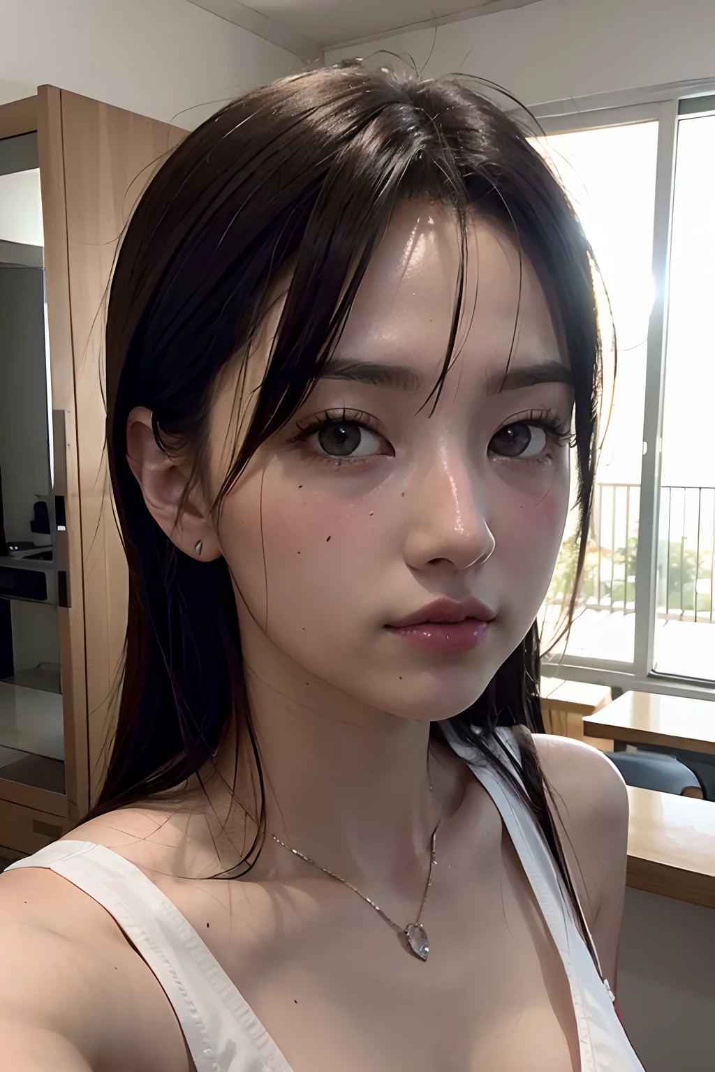 Beautiful handsome woman、((beste-Qualit、8K、​masterpiece:1.3))、Pretty women、1人の女性、hugetits:1.2、slender figures:1.1、elastic black hair、(a shower、body soaking wet、Wet clothes:1.1)、extra detailed face、Detailed lips、Detailed eye