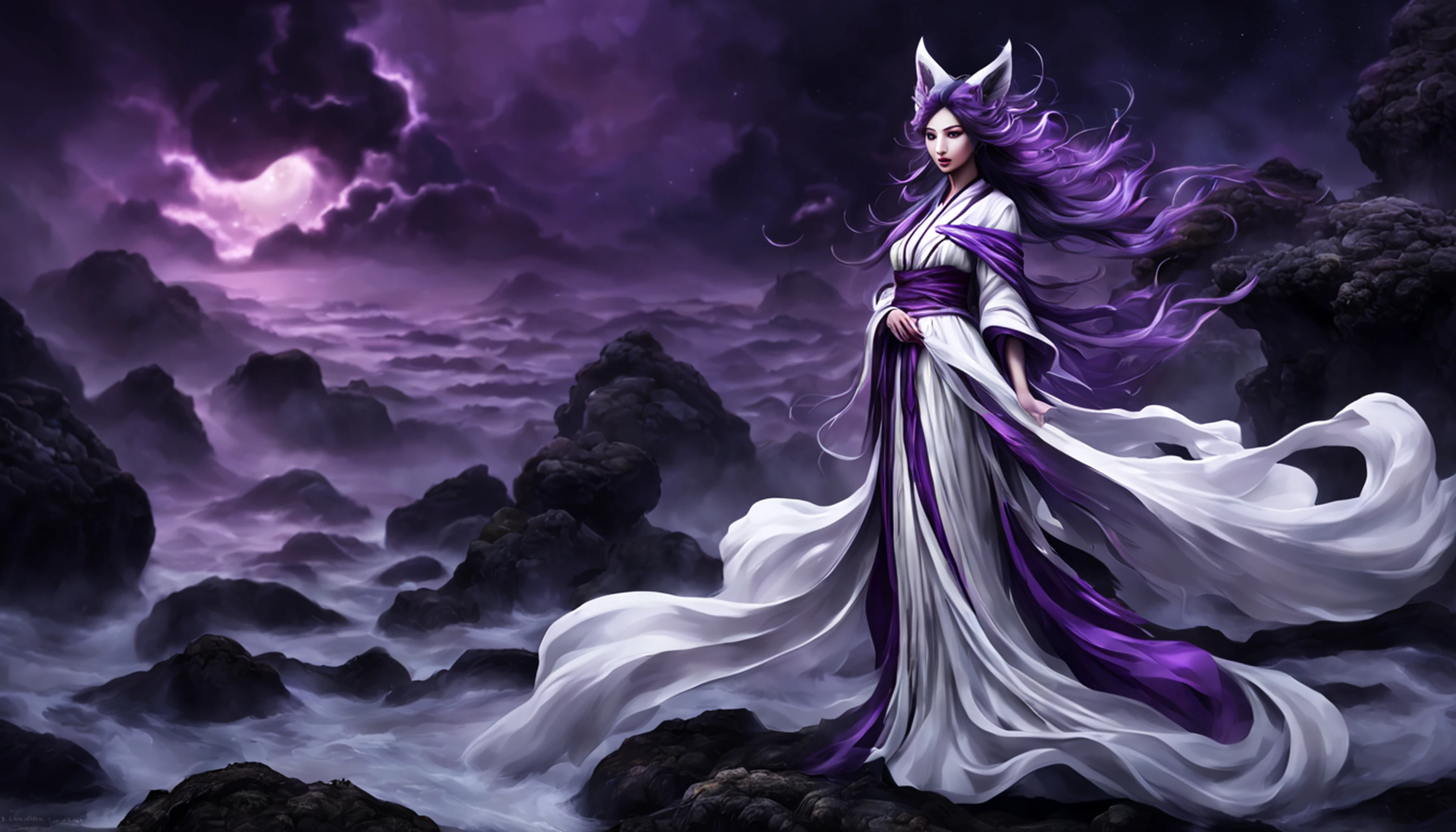 Beautiful and ethereal vixen dressed in flowing white Chinese robes。The image captures fox spirits in the dark sea of the netherworld，It is surrounded by purple gas and faint clouds。Use Midjourney's advanced brush tools to create intricate folds and textures on vixen's robes and hair，And experiment with different color palettes and brushstrokes to bring out the ethereal quality of the scene。The image of the fox spirit is sometimes obscured by the purple qi around it，It also enhances the beauty of the vixen，Make the scene full of mystery and fascination。Aproveite as poderosas ferramentas do Midjourney，You can bring this captivating and ethereal scene to life with incredible detail and beauty。 HDR，（Realismo，qualidade da obra-prima，melhor qualidade），，Pureerosface_v1，Urzang-6500-v1 version.1，