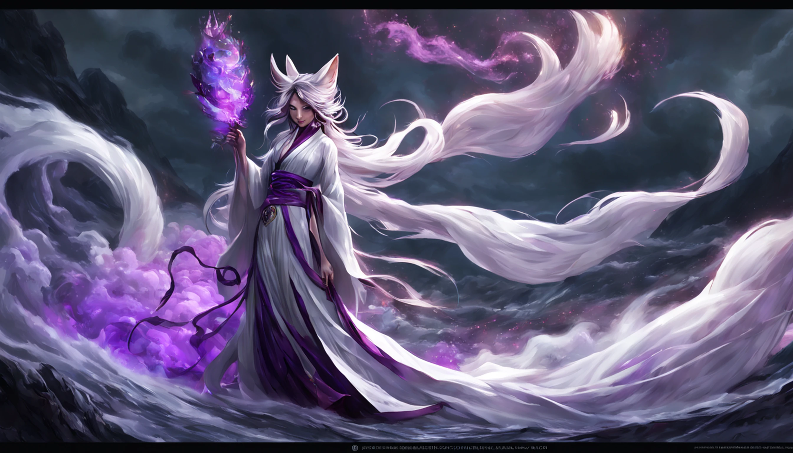 Beautiful and ethereal vixen dressed in flowing white Chinese robes。The image captures fox spirits in the dark sea of the netherworld,It is surrounded by purple gas and faint clouds。Use Midjourney's advanced brush tools to create intricate folds and textures on vixen's robes and hair,And experiment with different color palettes and brushstrokes to bring out the ethereal quality of the scene。The image of the fox spirit is sometimes obscured by the purple qi around it,It also enhances the beauty of the vixen,Make the scene full of mystery and fascination。Aproveite as poderosas ferramentas do Midjourney,You can bring this captivating and ethereal scene to life with incredible detail and beauty。 HDR,(Realismo,qualidade da obra-prima,melhor qualidade),,Pureerosface_v1,Urzang-6500-v1 version.1,