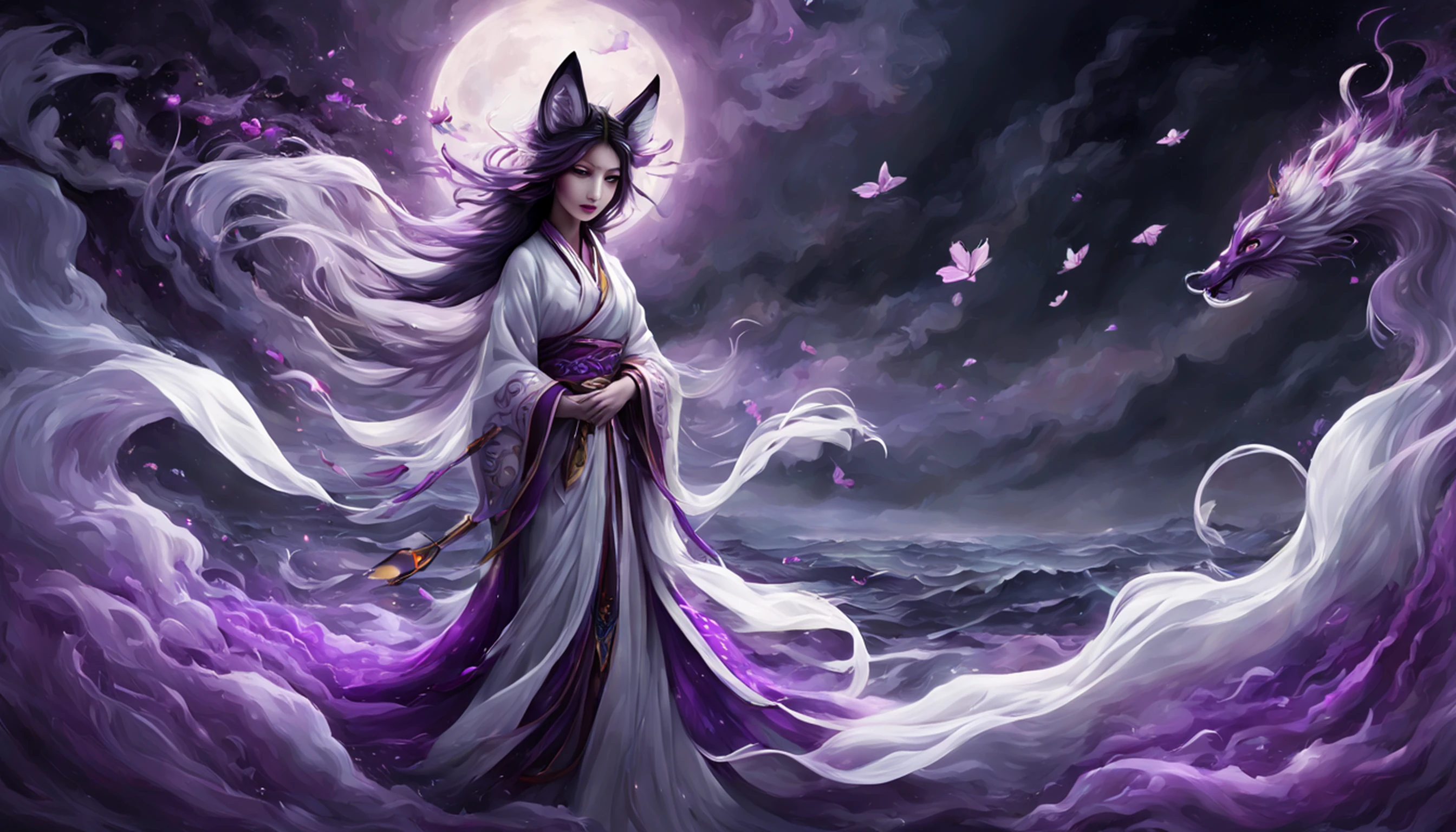 Beautiful and ethereal vixen dressed in flowing white Chinese robes。The image captures fox spirits in the dark sea of the netherworld,It is surrounded by purple gas and faint clouds。Use Midjourney's advanced brush tools to create intricate folds and textures on vixen's robes and hair,And experiment with different color palettes and brushstrokes to bring out the ethereal quality of the scene。The image of the fox spirit is sometimes obscured by the purple qi around it,It also enhances the beauty of the vixen,Make the scene full of mystery and fascination。Aproveite as poderosas ferramentas do Midjourney,You can bring this captivating and ethereal scene to life with incredible detail and beauty。 HDR,(Realismo,qualidade da obra-prima,melhor qualidade),,Pureerosface_v1,Urzang-6500-v1 version.1,