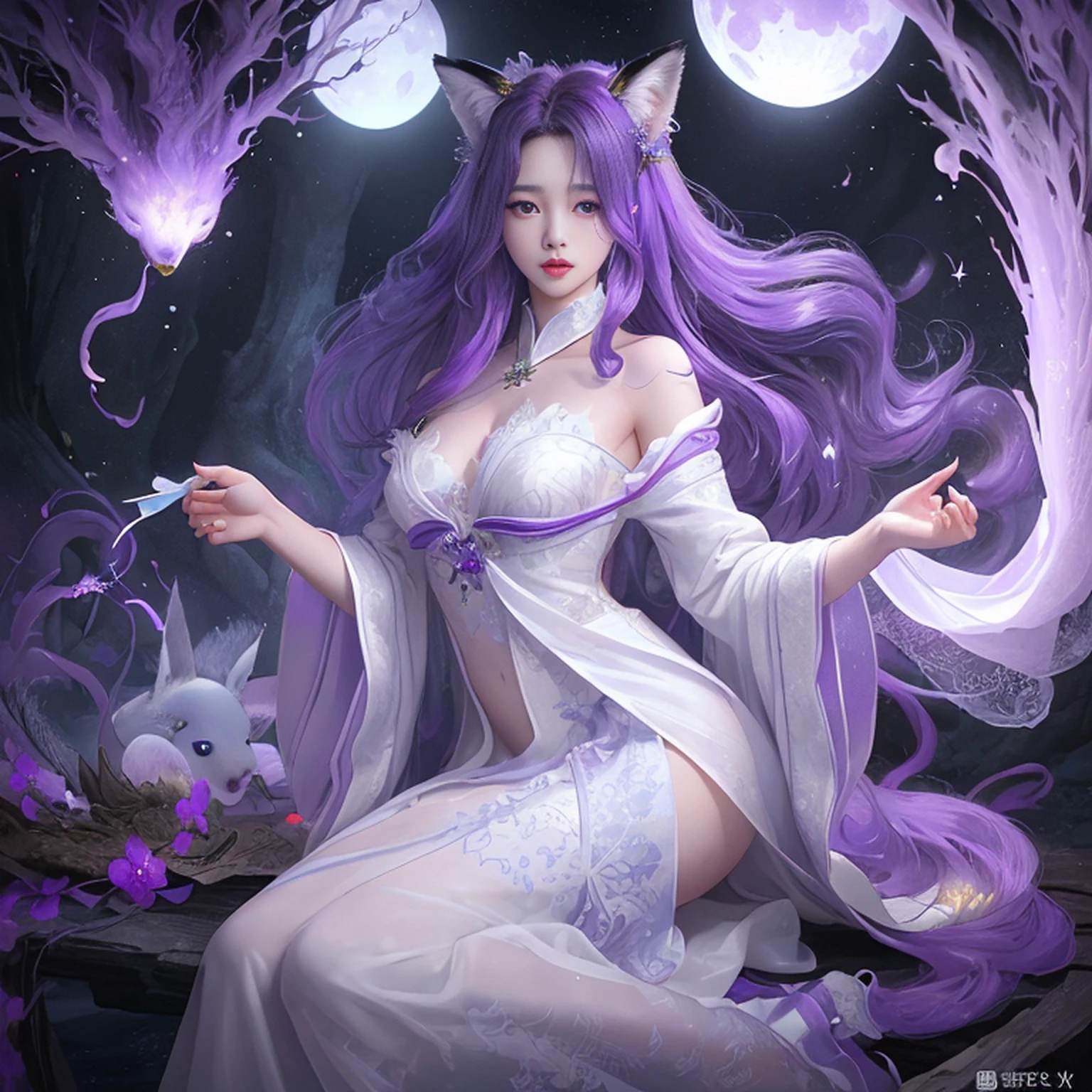 Beautiful and ethereal vixen dressed in flowing white Chinese robes。The image captures fox spirits in the dark sea of the netherworld,It is surrounded by purple gas and faint clouds。Use Midjourney's advanced brush tools to create intricate folds and textures on vixen's robes and hair,And experiment with different color palettes and brushstrokes to bring out the ethereal quality of the scene。The image of the fox spirit is sometimes obscured by the purple qi around it,It also enhances the beauty of the vixen,Make the scene full of mystery and fascination。Aproveite as poderosas ferramentas do Midjourney,You can bring this captivating and ethereal scene to life with incredible detail and beauty。 HDR,(Realismo,qualidade da obra-prima,melhor qualidade),,Pureerosface_v1,Urzang-6500-v1 version.1,