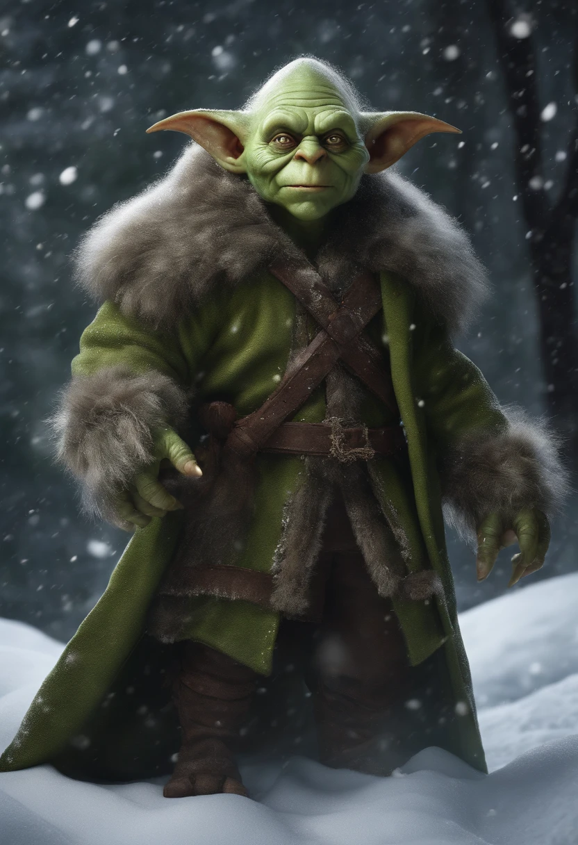 Clever looking ectomorphic goblin (adult green monster) stands in the snow, the goblin is warmly dressed (warm clothes) (medieval coat) (Masterpiece), (Best Quality), (Ultra high Detailes), (Photorealistic) (detailed face) (tundra), stands in the snow the goblin is warmly dressed (warm clothes), green face of goblin, goblin stands in the snow (the goblin is green, adult)