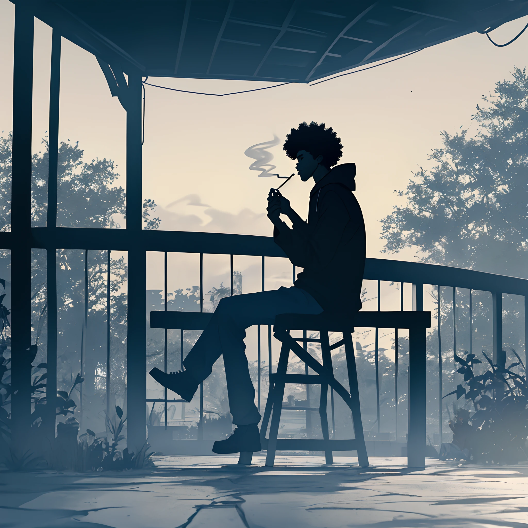 Silhouette of a guy with a little afro sitting on a porch in the hood smoking a blunt