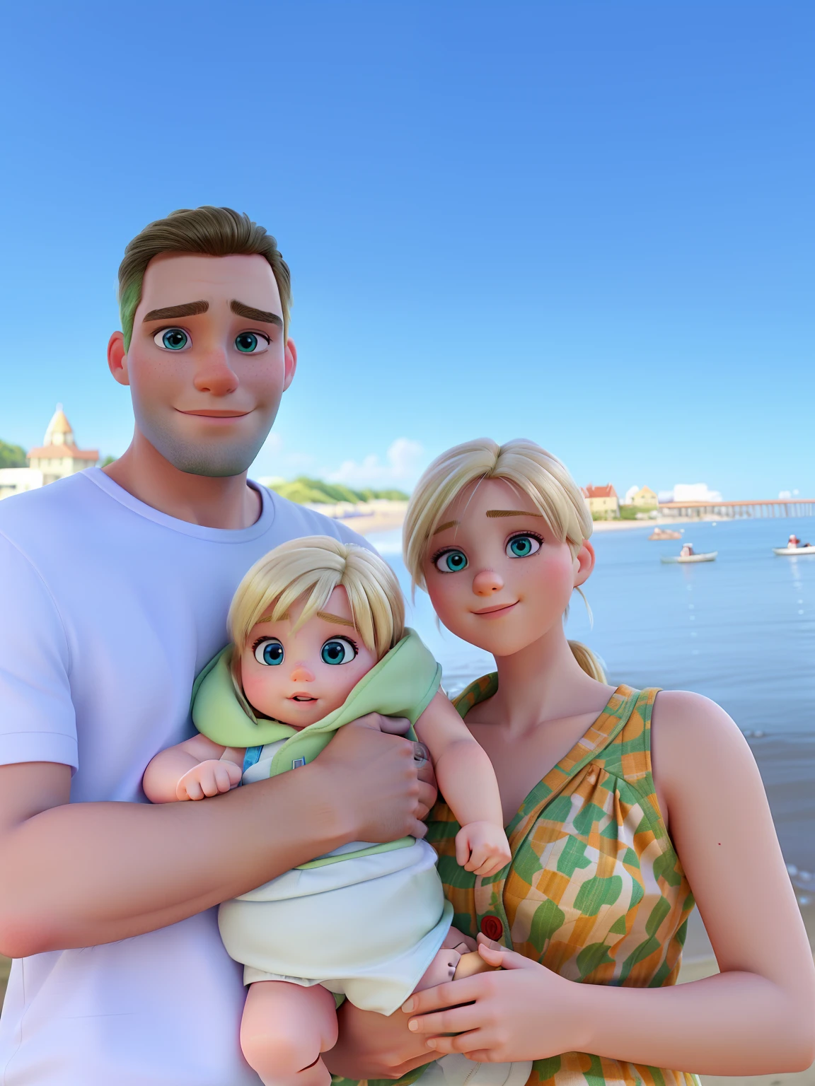 A couple with a . The man is write and brow eyes. The babya girl, blonde and blue eyes. The woman is blonde with green eyes. In a beautiful beach.