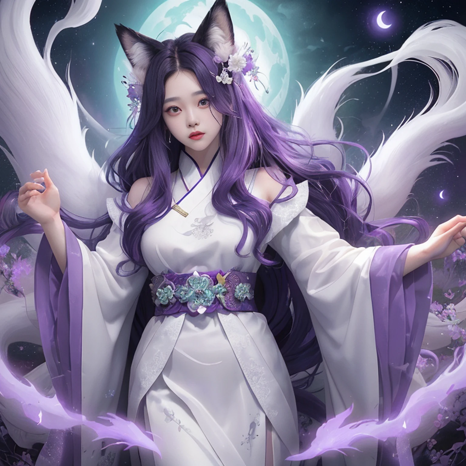 Beautiful and ethereal vixen dressed in flowing white Chinese robes。The image captures fox spirits in the dark sea of the netherworld，It is surrounded by purple gas and faint clouds。Use Midjourney's advanced brush tools to create intricate folds and textures on vixen's robes and hair，And experiment with different color palettes and brushstrokes to bring out the ethereal quality of the scene。The image of the fox spirit is sometimes obscured by the purple qi around it，It also enhances the beauty of the vixen，Make the scene full of mystery and fascination。Aproveite as poderosas ferramentas do Midjourney，You can bring this captivating and ethereal scene to life with incredible detail and beauty。 HDR，（Realismo，qualidade da obra-prima，melhor qualidade），，Pureerosface_v1，Urzang-6500-v1 version.1，