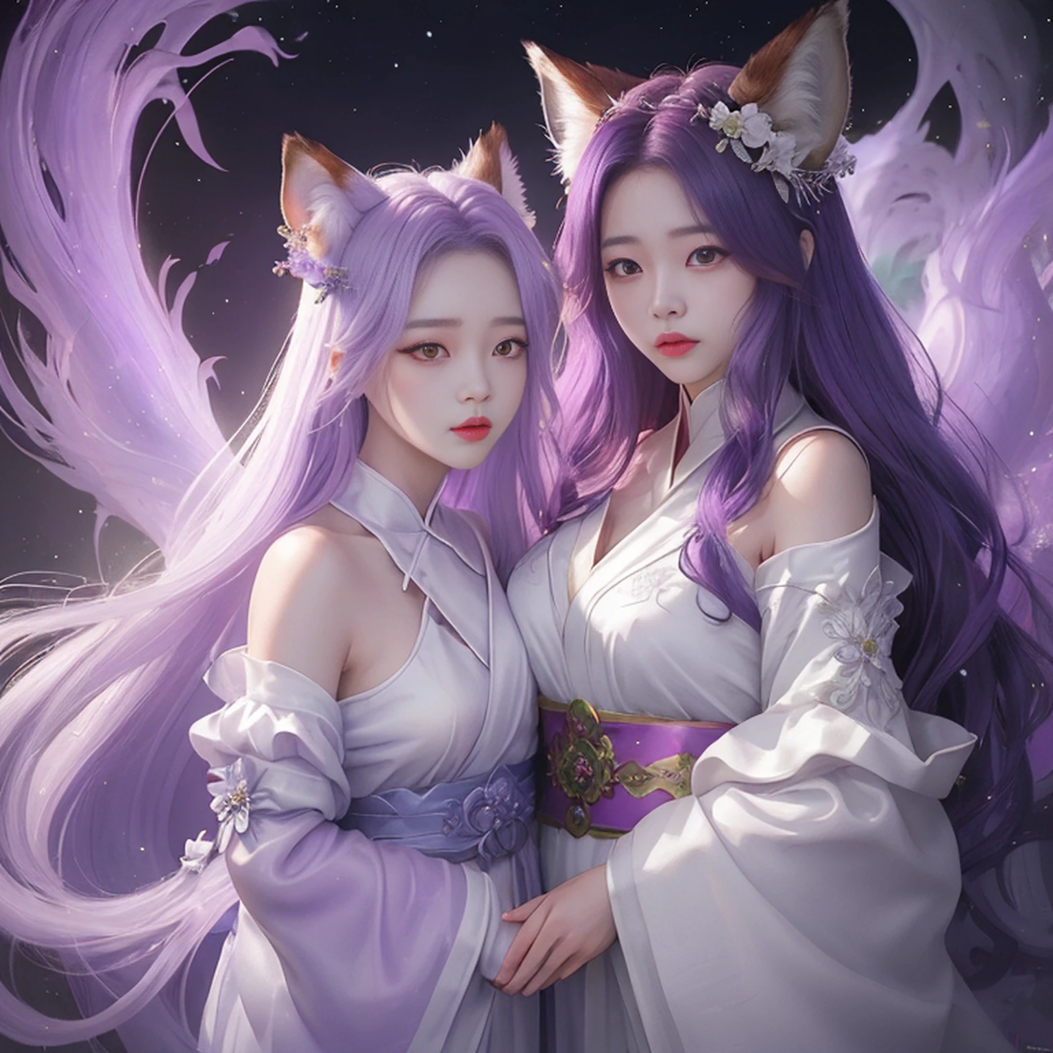 Beautiful and ethereal vixen dressed in flowing white Chinese robes。The image captures fox spirits in the dark sea of the netherworld，It is surrounded by purple gas and faint clouds。Use Midjourney's advanced brush tools to create intricate folds and textures on vixen's robes and hair，And experiment with different color palettes and brushstrokes to bring out the ethereal quality of the scene。The image of the fox spirit is sometimes obscured by the purple qi around it，It also enhances the beauty of the vixen，Make the scene full of mystery and fascination。Aproveite as poderosas ferramentas do Midjourney，You can bring this captivating and ethereal scene to life with incredible detail and beauty。 HDR，（Realismo，qualidade da obra-prima，melhor qualidade），，Pureerosface_v1，Urzang-6500-v1 version.1，