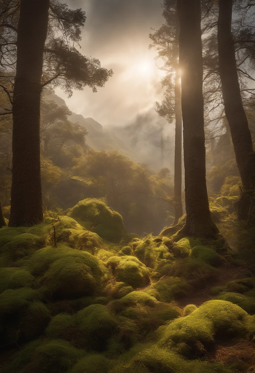 Crie uma paisagem desolada de vale e montanhas, envolto em nevoeiro espesso, com poucos raios de sol, with gnarled trees and thick trunks, and undergrowth reminiscent of grass and grass, em uma paisagem ultrarrealista, com cores mortas, 4k, Cinematic lighting, natural lighting, filmic grain, Cinematic lighting, High detail, Fotoreal, fotorrealista, Volumetric lighting and shading
