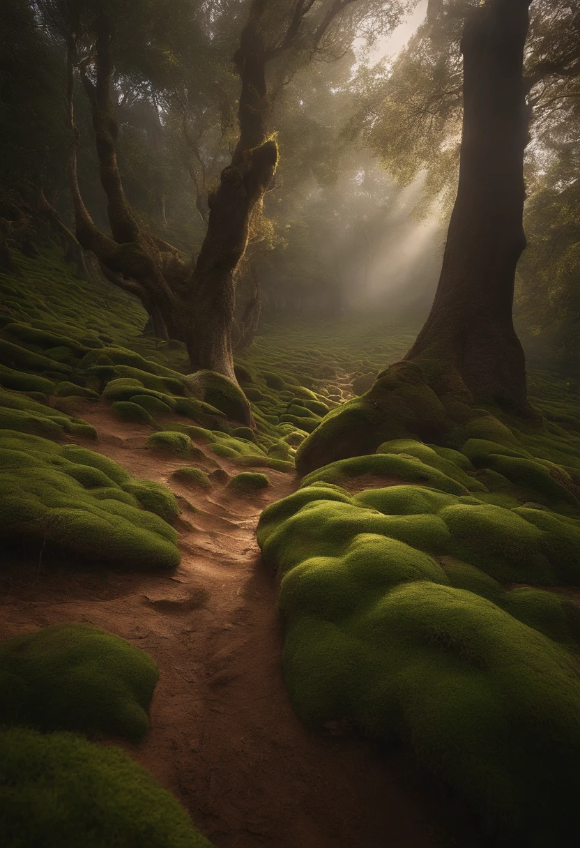 Crie uma paisagem desolada de vale e montanhas, envolto em nevoeiro espesso, com poucos raios de sol, with gnarled trees and thick trunks, and undergrowth reminiscent of grass and grass, em uma paisagem ultrarrealista, com cores mortas, 4k, Cinematic lighting, natural lighting, filmic grain, Cinematic lighting, High detail, Fotoreal, fotorrealista, Volumetric lighting and shading